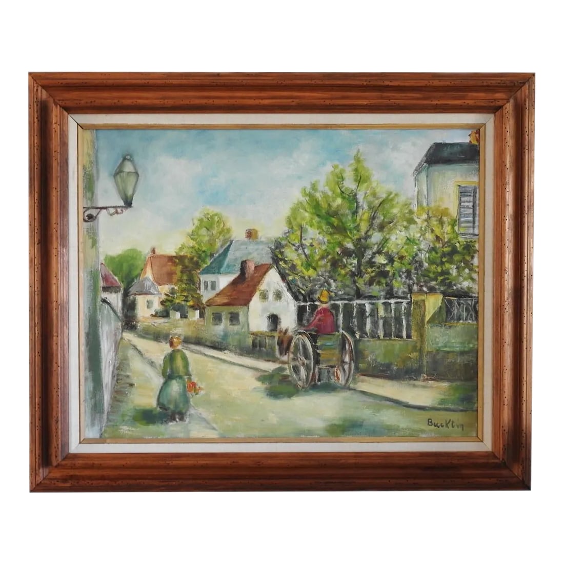 Mid 20th Century Impressionist Style Village Scene Oil Painting Signed Bucktin, Framed: Impressionist painting of 19 century French countryside. Signed "Bucktin" on the front, named "After Pissarro" on the back. Oil on stretched canvas. Circa 1950s. Solid wood frame. 35.5"X29.5"X2"D.