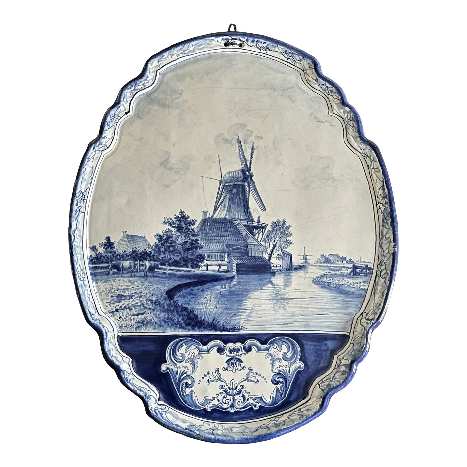 19th Century Dutch Delft Plaque Large Windmill: Very large and ornate hand painted sometime in the 19th century. Some crazing to front and minor edge wear on back. Condition: Alterations: Original Condition Unaltered Imperfections: Some