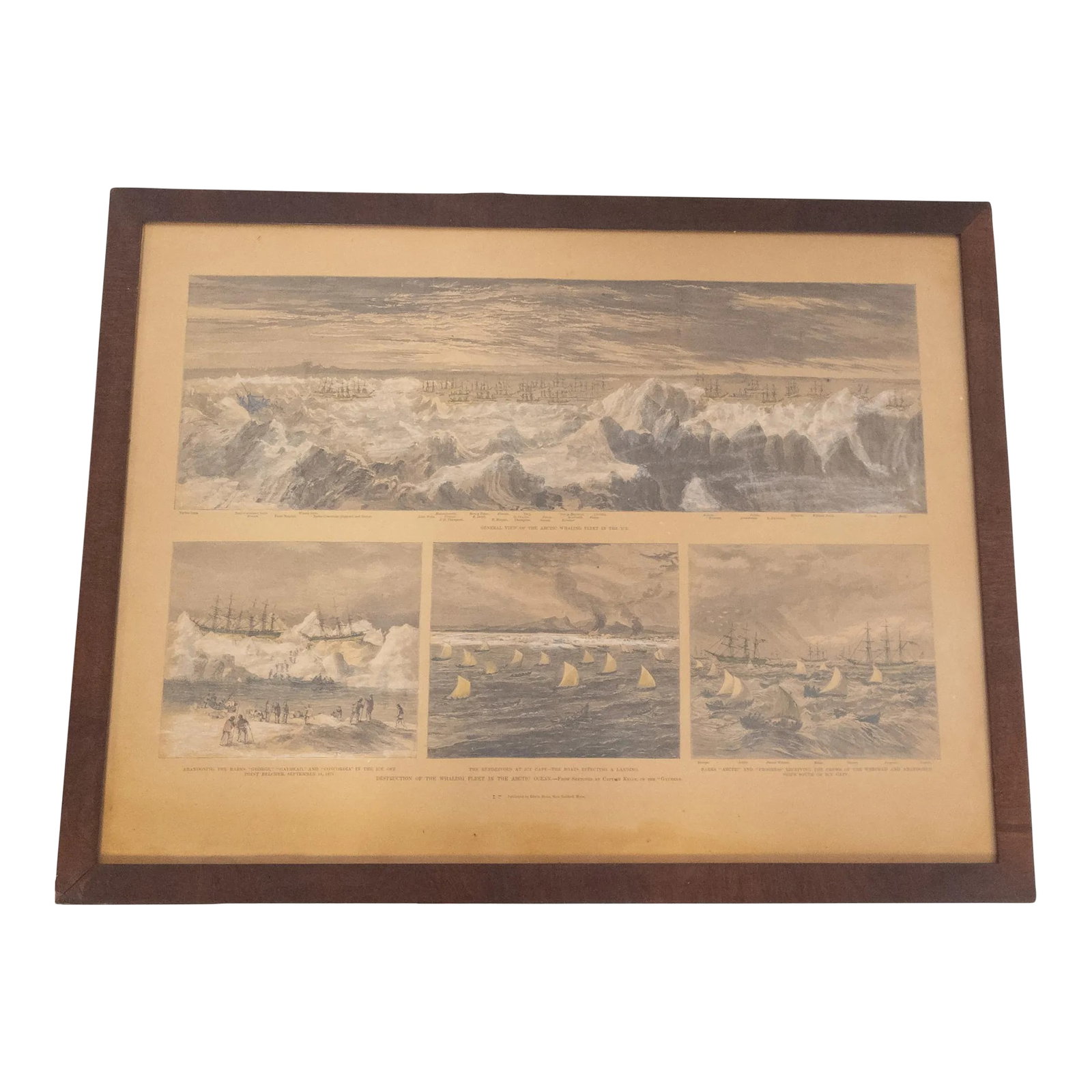 19th Century Hand Colored Nautical Engraving Print of Whaling Ships: We are selling this 19th century handcolored lithograph prints with scenes of the Destruction of the Whaling Fleet in the Arctic Ocean. Condition: Some discoloration to the paper with a few areas of