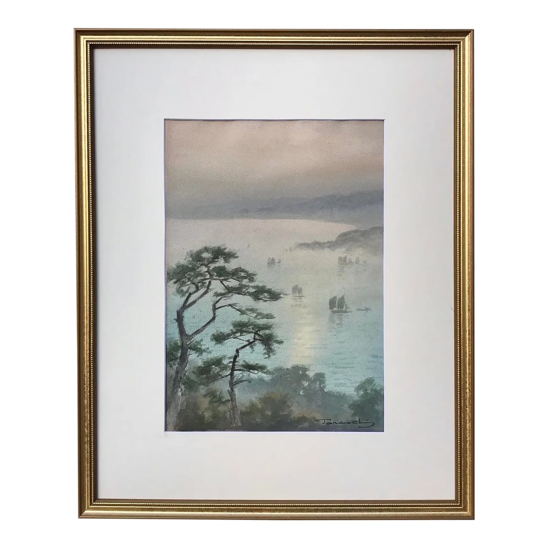 Original Vintage Japanese Watercolor Marine View Sail Boats by Fukutaro Terauchi: A Beautiful original vintage Japanese watercolor painting of boats on a waterway by Fukutaro Terauchi born 1891. Watercolor on paper signed lower right presented archival matted and framed in a contem