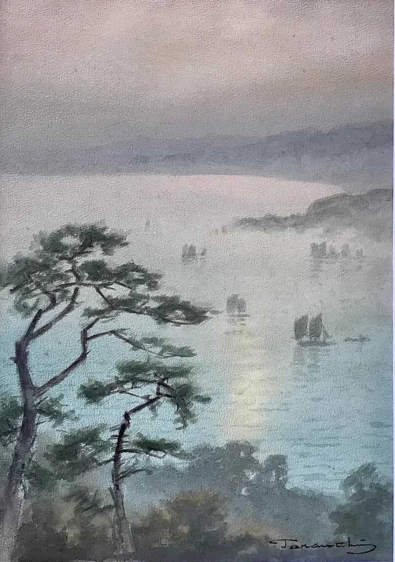 Original Vintage Japanese Watercolor Marine View Sail Boats by Fukutaro Terauchi - 3