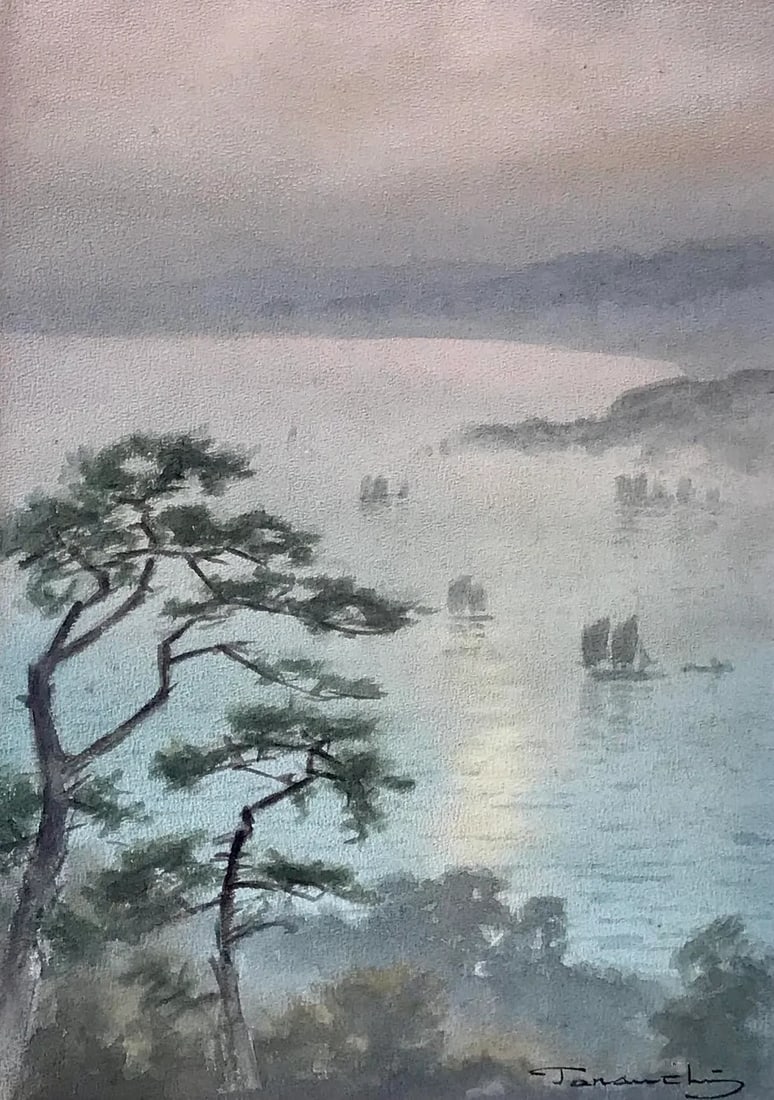 Original Vintage Japanese Watercolor Marine View Sail Boats by Fukutaro Terauchi - 6
