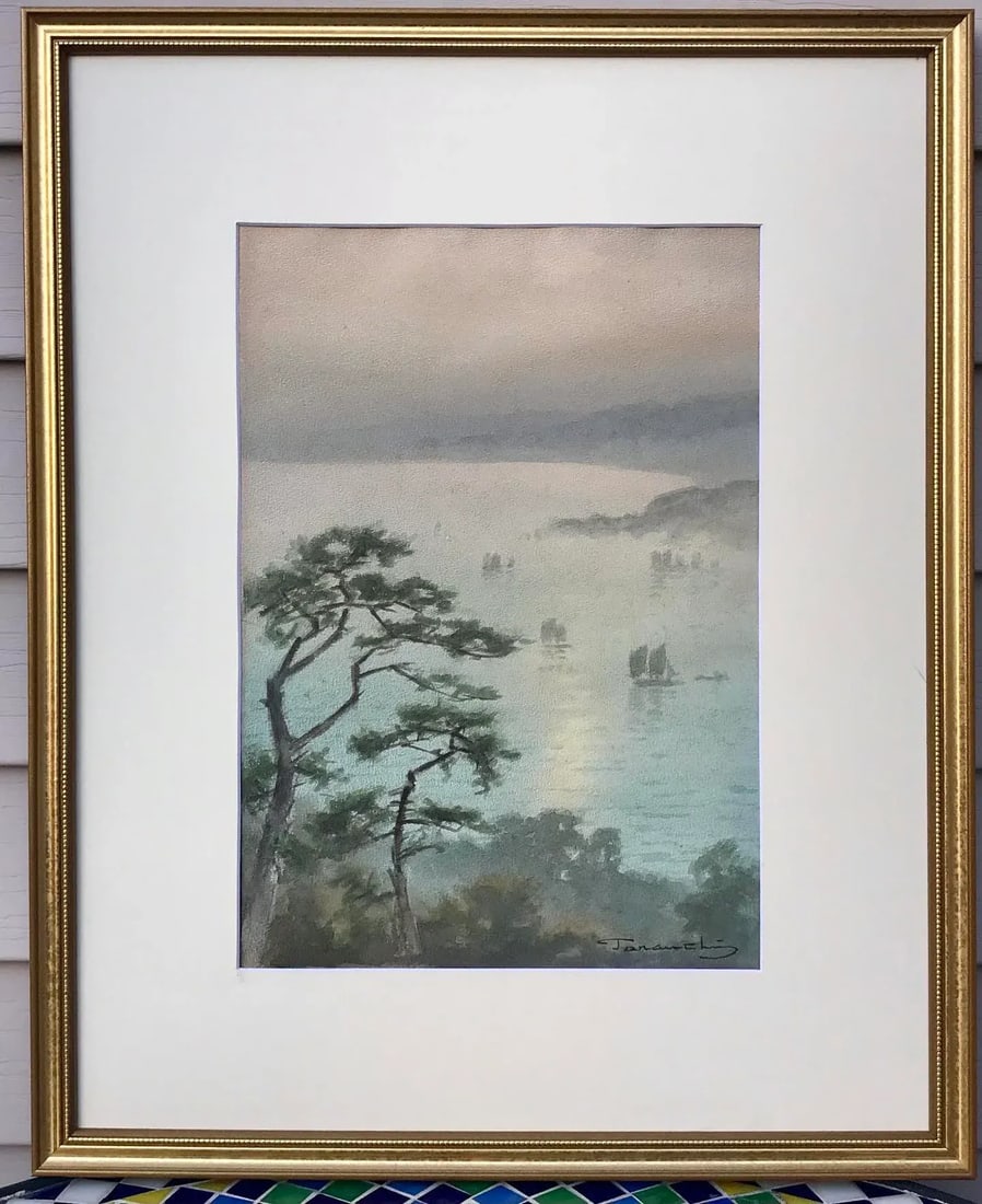 Original Vintage Japanese Watercolor Marine View Sail Boats by Fukutaro Terauchi - 7