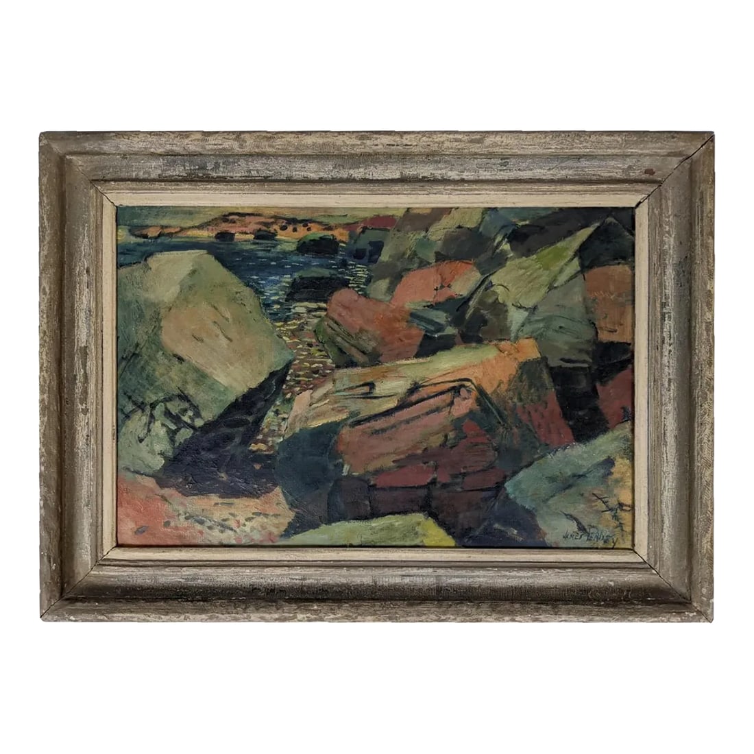 Mid 20th Century Modern Rocky Coast Oil Painting, Framed: Mid 20th Century Modern Rocky Coast Oil Painting, Signed, James Penney (1910-1982), original matting and wood frame. A treasured find for collectors and enthusiasts of unique and one-of-a-kind