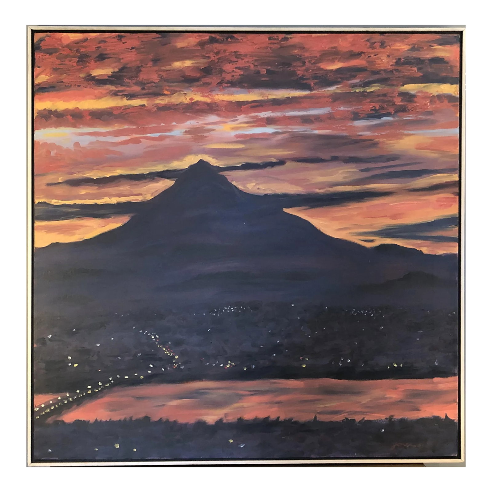 1988 Dan Jones Oil on Canvas Painting of "Daybreak: Portland, Oregon", Framed: Dan Jones is known for his sweeping brush strokes with patterns of bright colors to create visual statements, often landsape views. Jones was inspired to pursue art after viewing a work of Picasso in