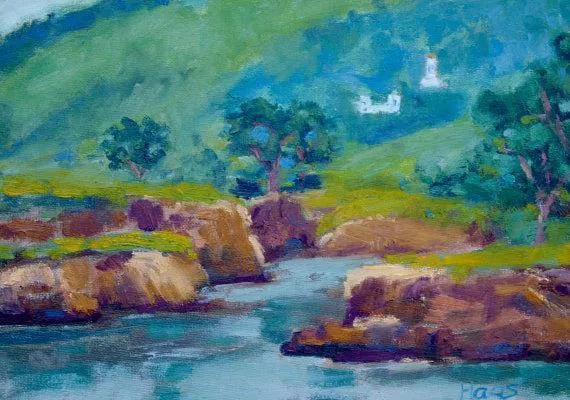 Modern Impressionist Coastal Seascape, Original Oil Painting: Quiet Places & Coastal - Carmelite Monastery Original oil painting by L. Haas, 9 x 12 in unframed canvas panel, signed. Painted en plein air in Carmel-by-the-Sea, California, this landscape captures