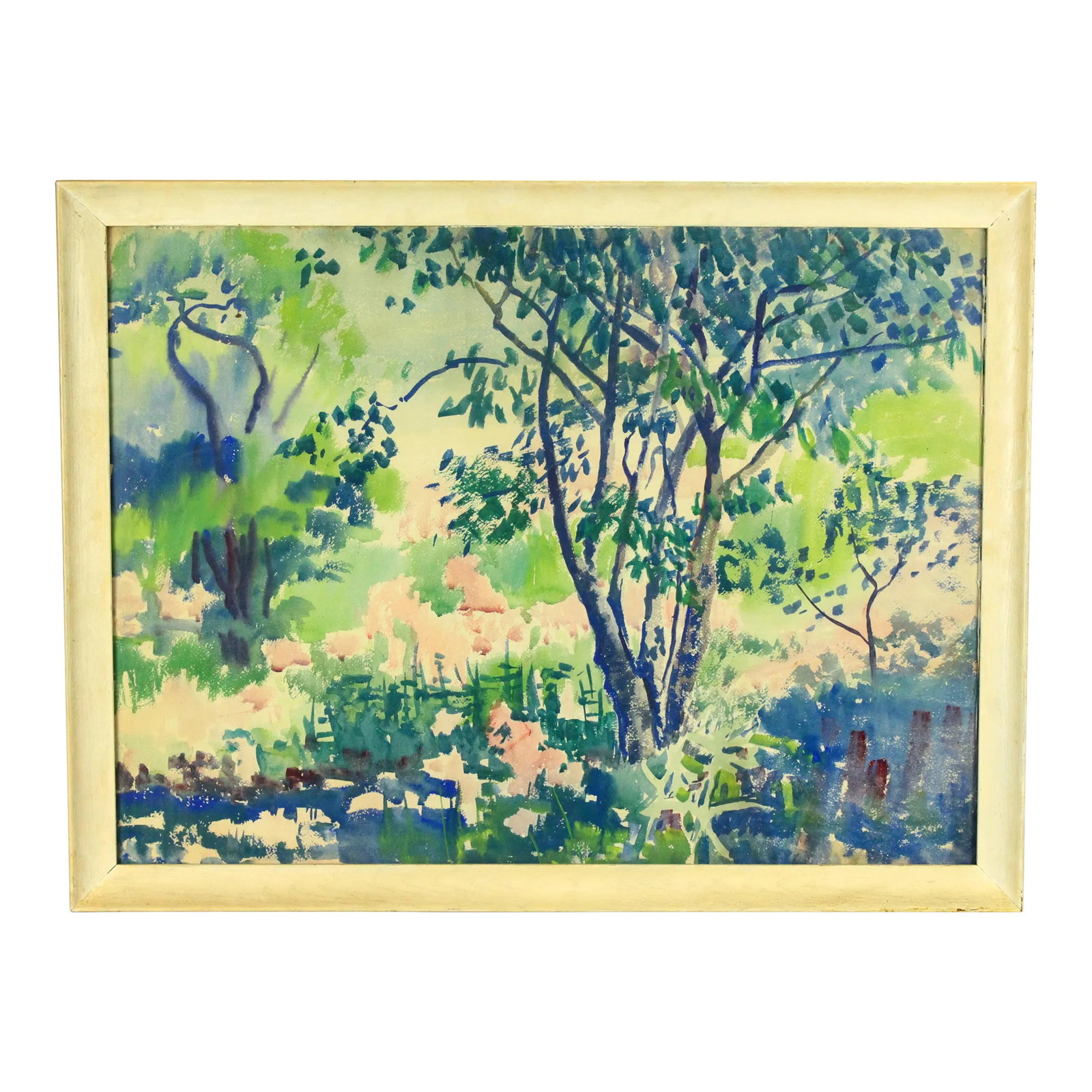 Vintage Marjorie Very American Watercolor Pointillist Painting of a Wooded New England Landscape (1 of 7)