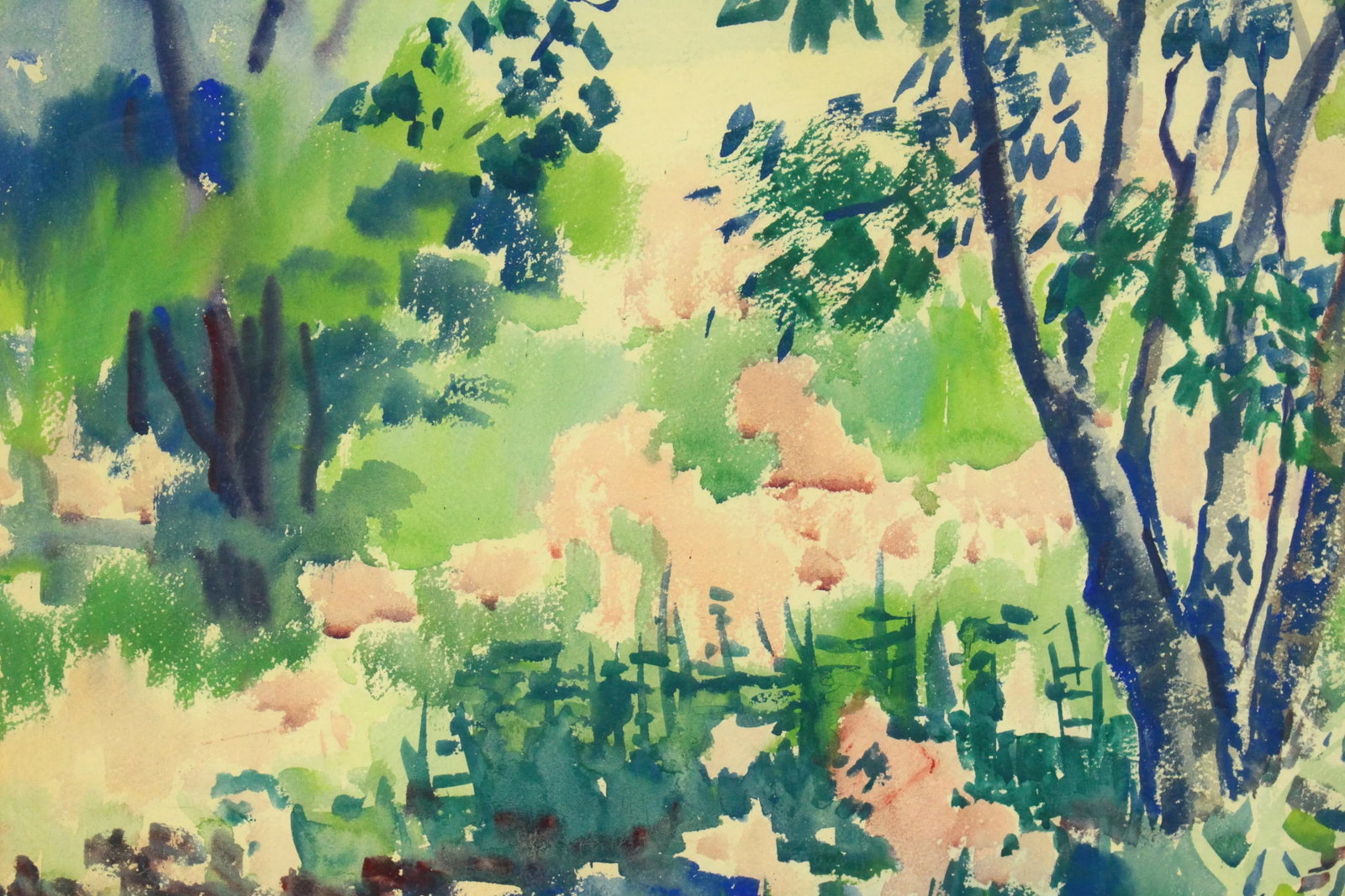 Vintage Marjorie Very American Watercolor Pointillist Painting of a Wooded New England Landscape - 3