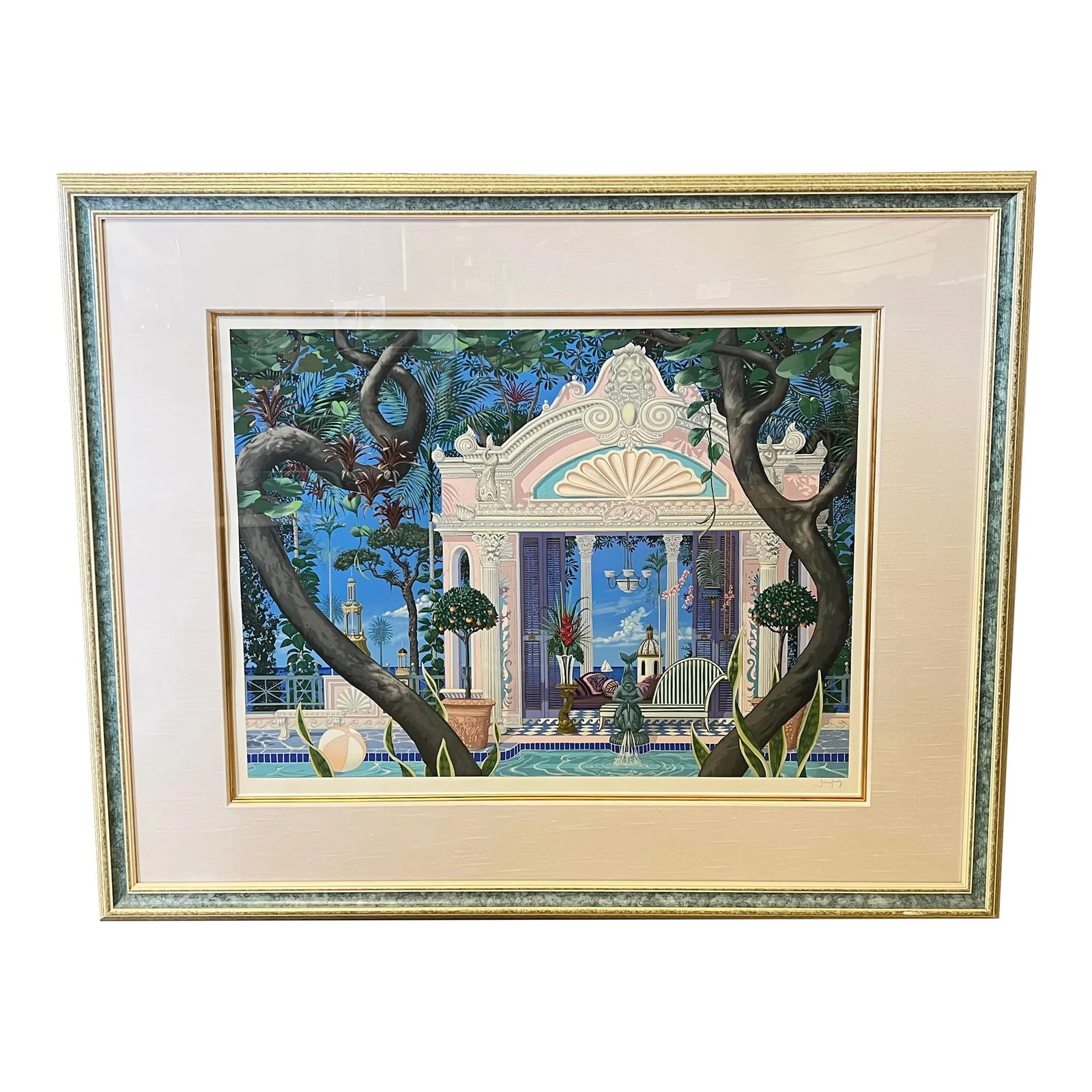 John Kiraly "Temple of Sun" Framed & Signed Whimsical Interior Scene Serigraph: John Kiraly (American b. 1943) serigraph on paper titled "Temple of the Sun" ,depicting a Baroque inspired pool house with a view of the ocean, signed at lower right and numbered on the left.