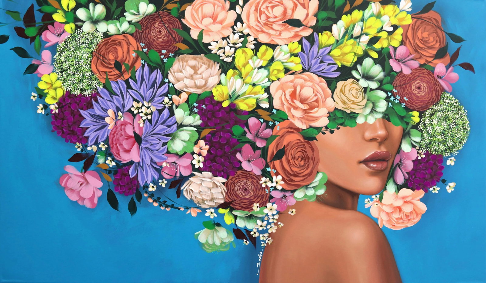 Floral Portrait Contemporary "Blue Sky" Original Artwork by Sally K - 10