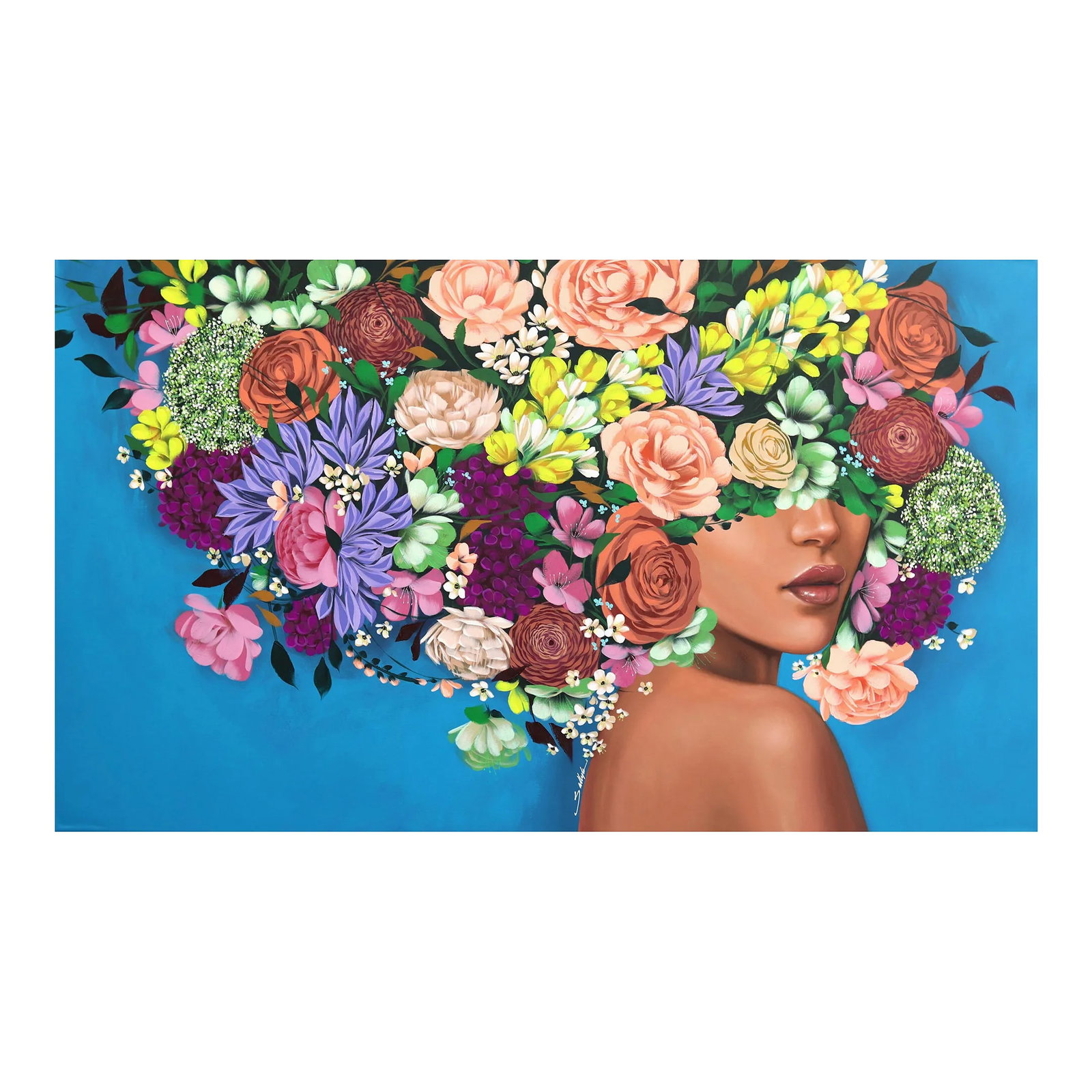Floral Portrait Contemporary "Blue Sky" Original Artwork by Sally K: Lebanese American artist Sally K.'s captivating floral portraits are both mesmerizing and empowering. Her pop-realistic paintings are inspired by strong, feminine women, celebrating the individuality