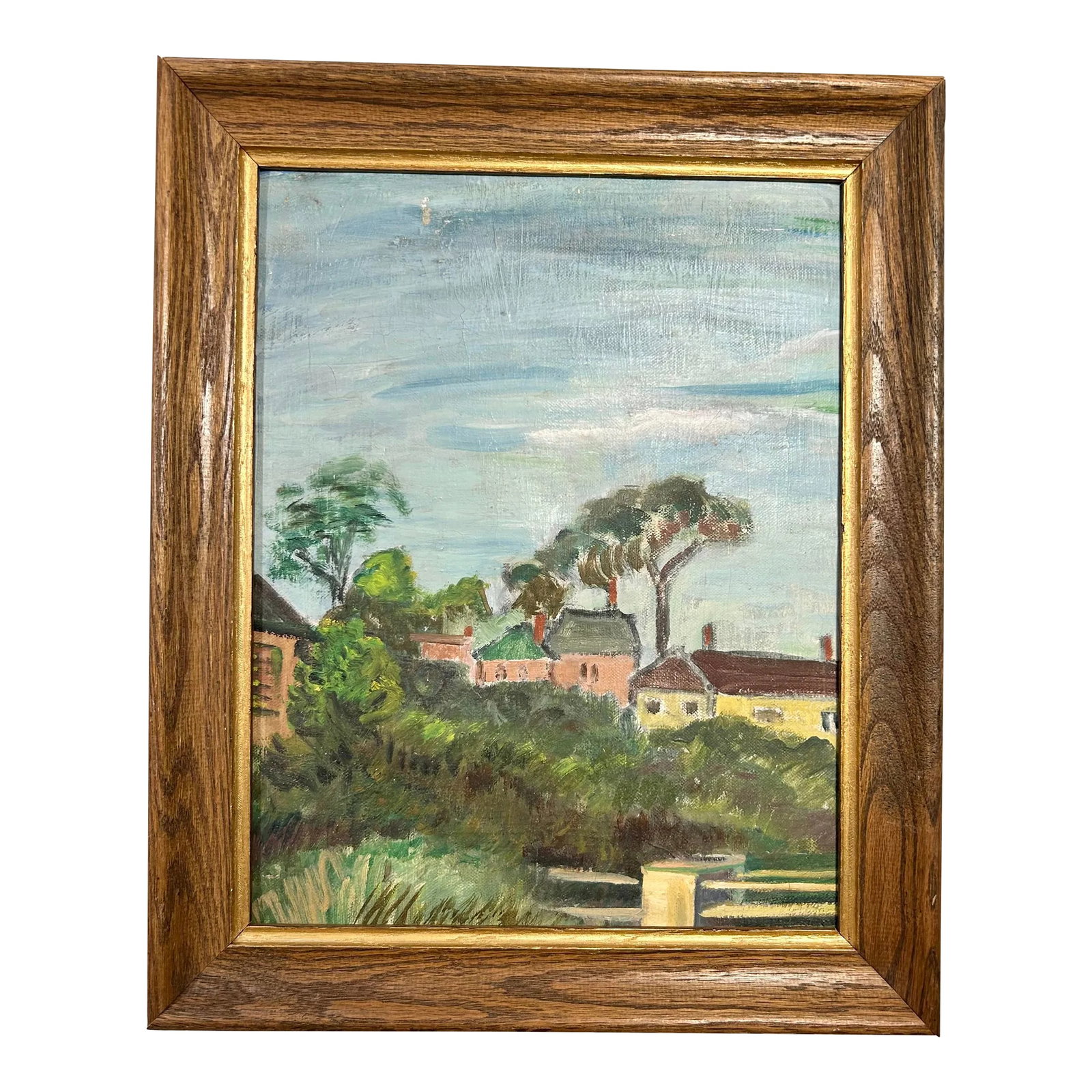 Vintage Tuscan Village Landscape Rustic Oil Painting: This is a vintage oil painting which was just re-framed into a vintage frame. It's a pleasing scene reminiscent of a Tuscan village. This is ready to hang. See the other similar painting in my shop.