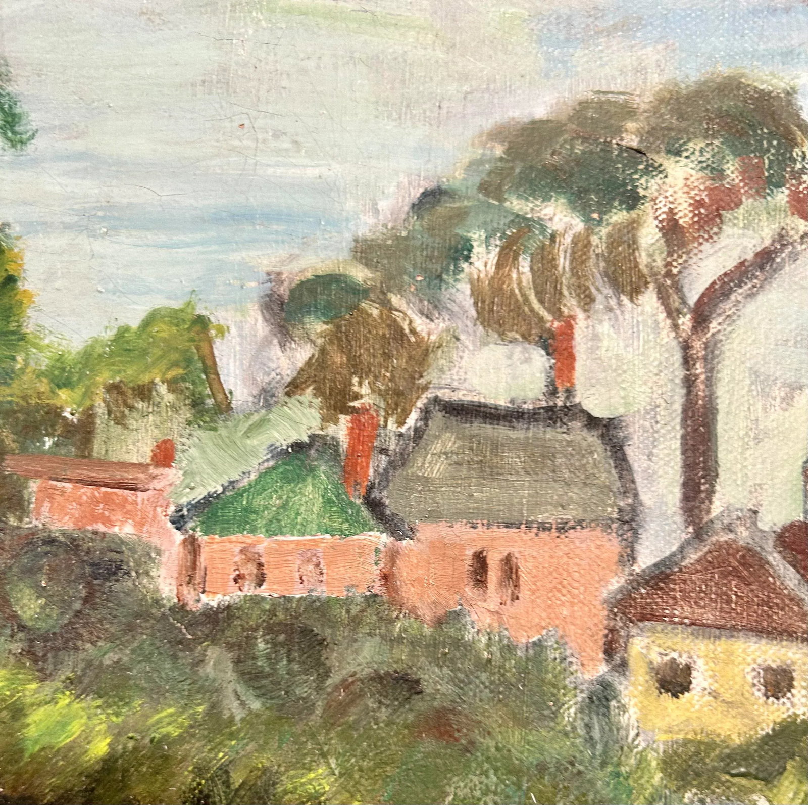 Vintage Tuscan Village Landscape Rustic Oil Painting - 3