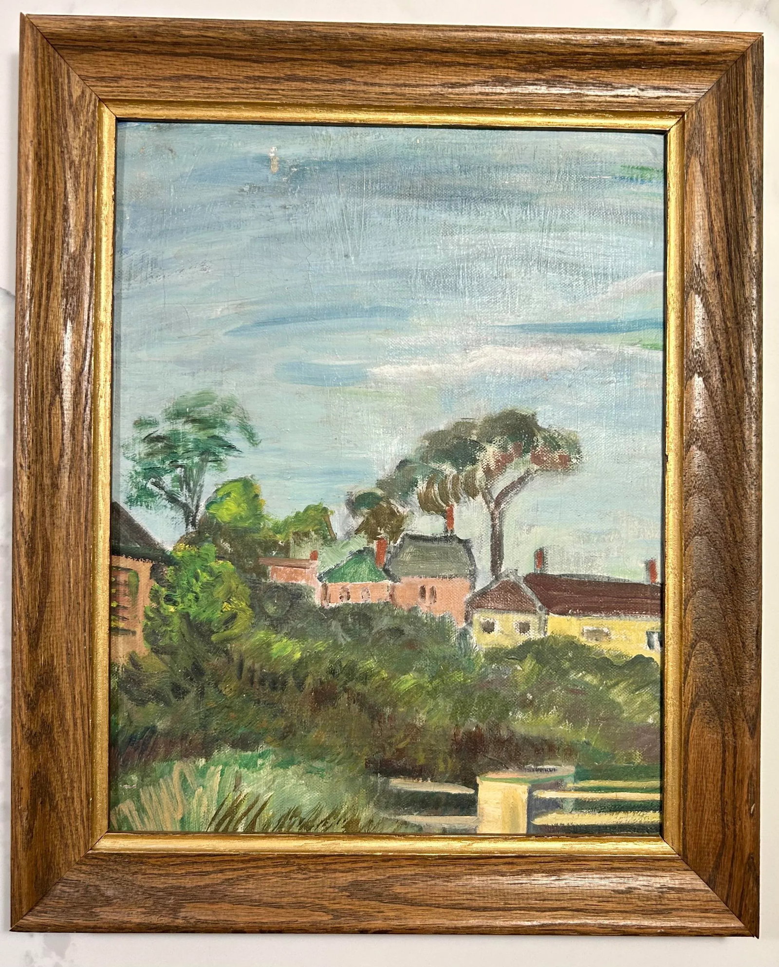 Vintage Tuscan Village Landscape Rustic Oil Painting - 9