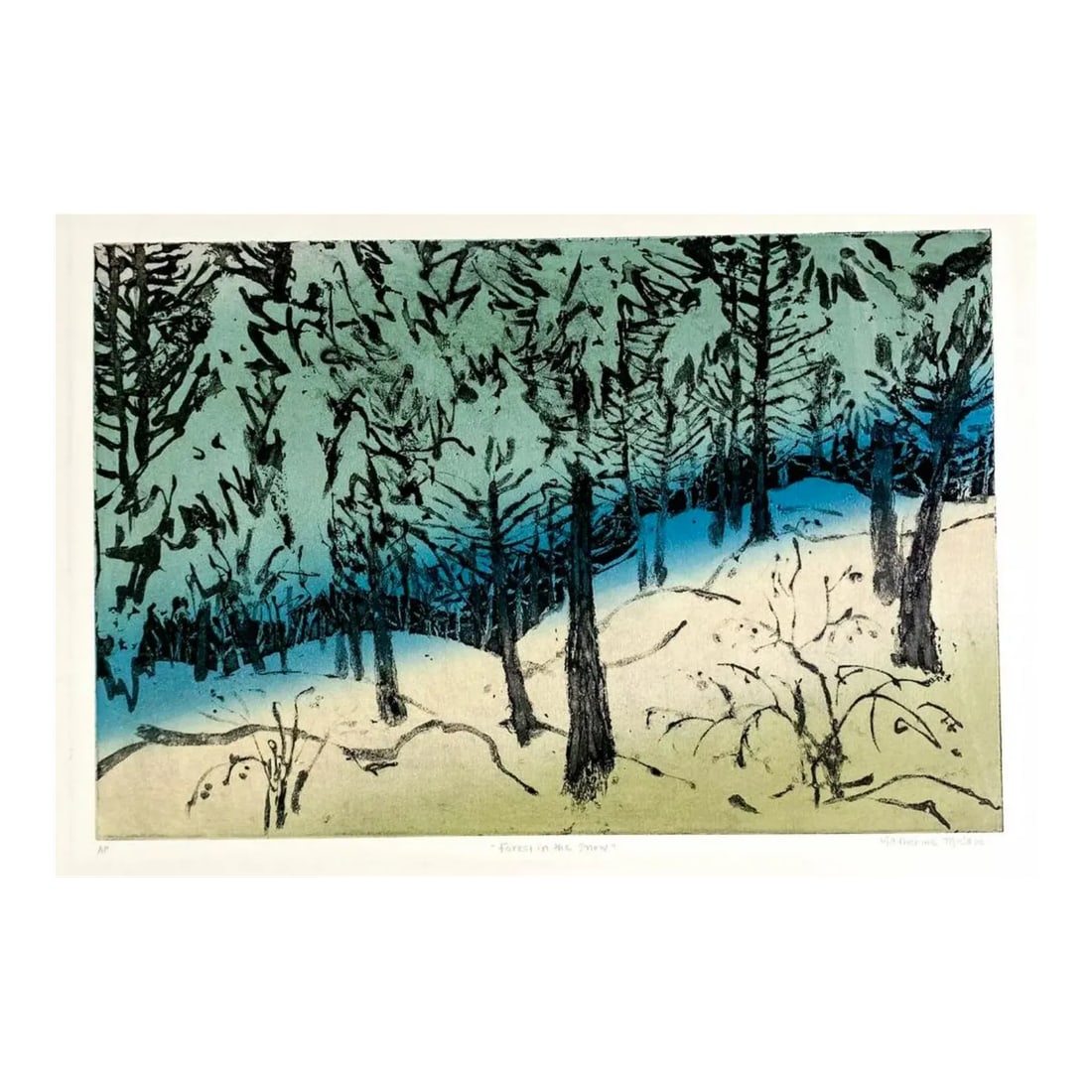 Katharine McCabe Forest in the Snow Color Etching: 1970s Katharine McCabe (1926-2012) color landscape etching on paper titled "Forest in the Snow." Artist's proof. Condition: Alterations: Original Condition Unaltered Imperfections: Some Imperfections
