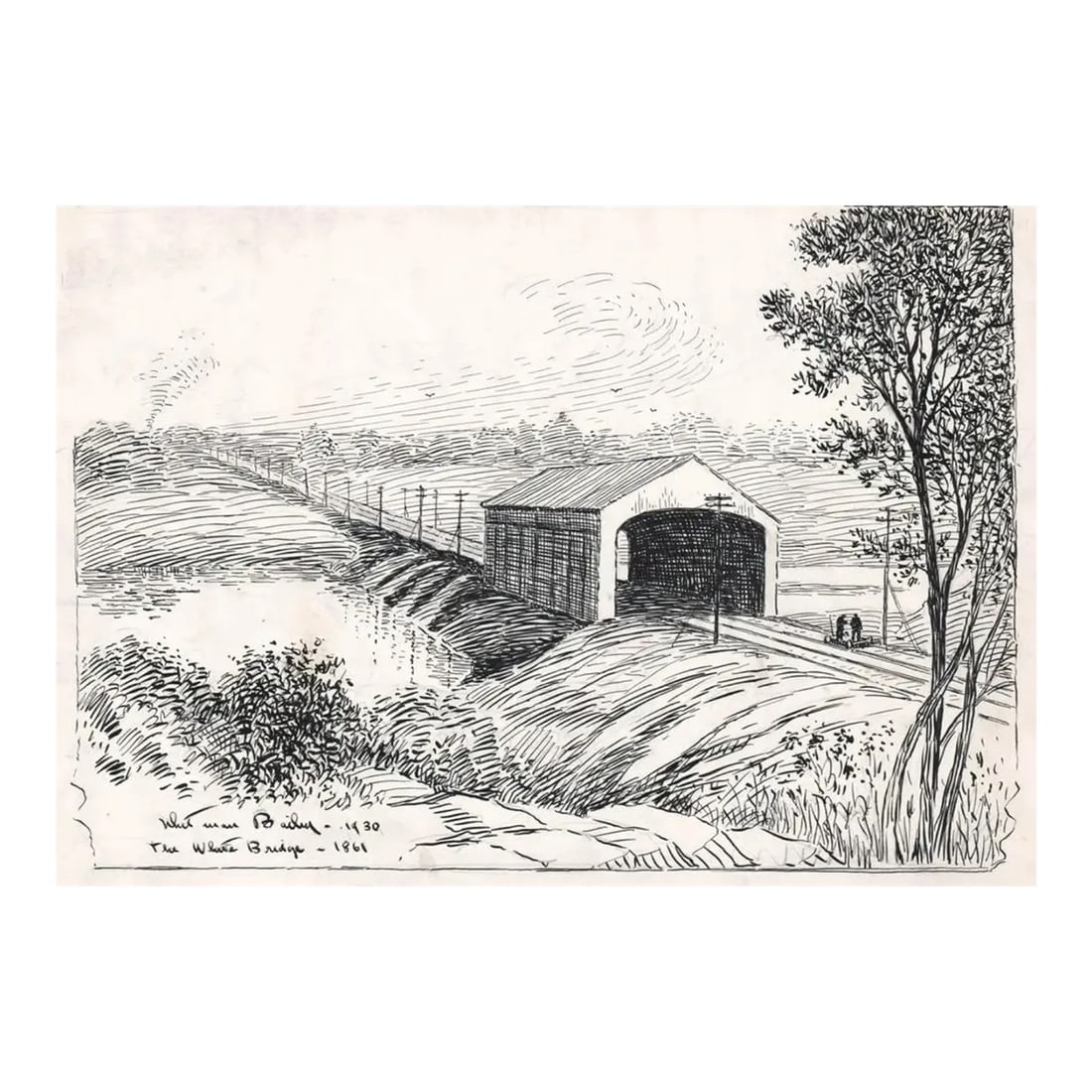 1930 Whitman Bailey Stamford Connecticut Covered Bridge Drawing: Whitman Bailey (1884-1954) drawing of avcovered bridge in Stamford, Connecticut. Signed and dated' inscribed "The White Bridge - 1861" Bailey studied under Howard Pyle and at Pratt. He moved to