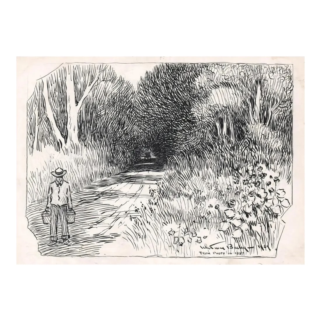 1929 Whitman Bailey Stamford Connecticut Road Landscape: Whitman Bailey (1884-1954) drawing of a dirt road streetscape in Stamford, Connecticut. Signed and dated' inscribed "from photo in 1887" Bailey studied under Howard Pyle and at Pratt. He moved to