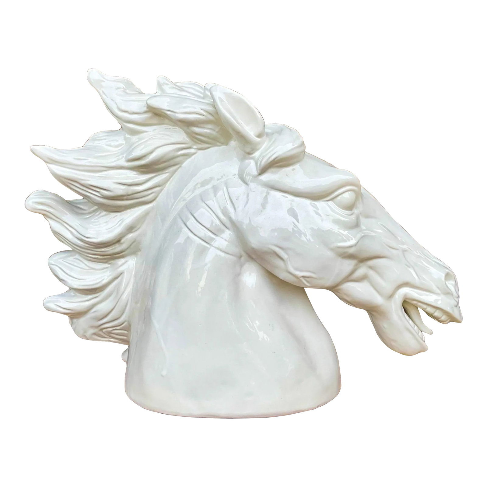 Large Scale White Neo-Classical Style Ceramic Horse Bust Figurine / Statue: This is a large scale majestic white Italian horse head bust. It is unmarked and in very good condition. It most likely dates to the later part of the 20th century. Condition: Alterations: Original