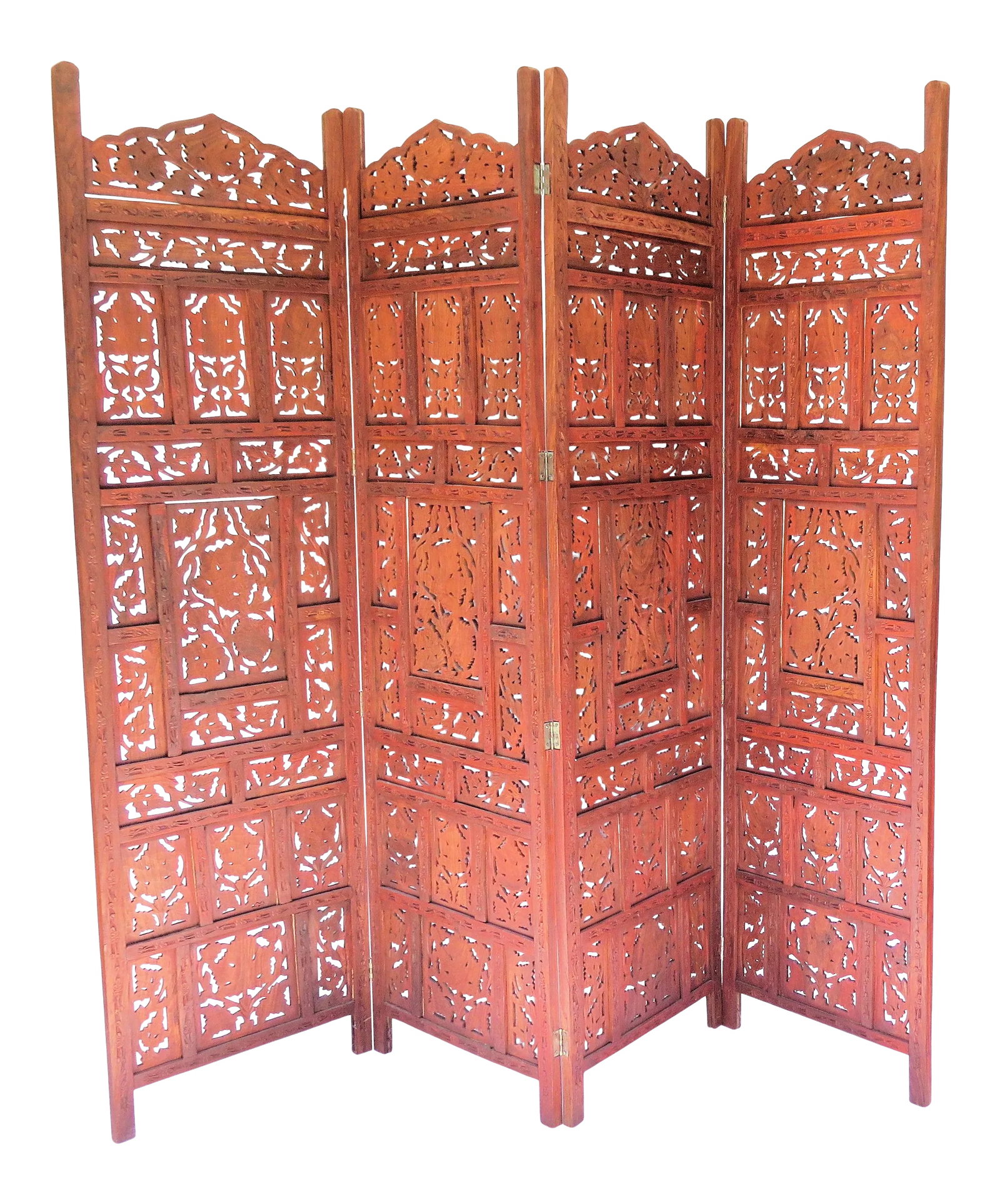 1960s Vintage 4 Panel Indian Teak Wood "Angure Ka Patta" Screen: Hand-carved 4 panel Teak wood screen fashioned to celebrate the "grape" harvest. Angure Ka Patta" means "leaf of the grape" in Hindi, which is the main design of the carvings on the screen. The