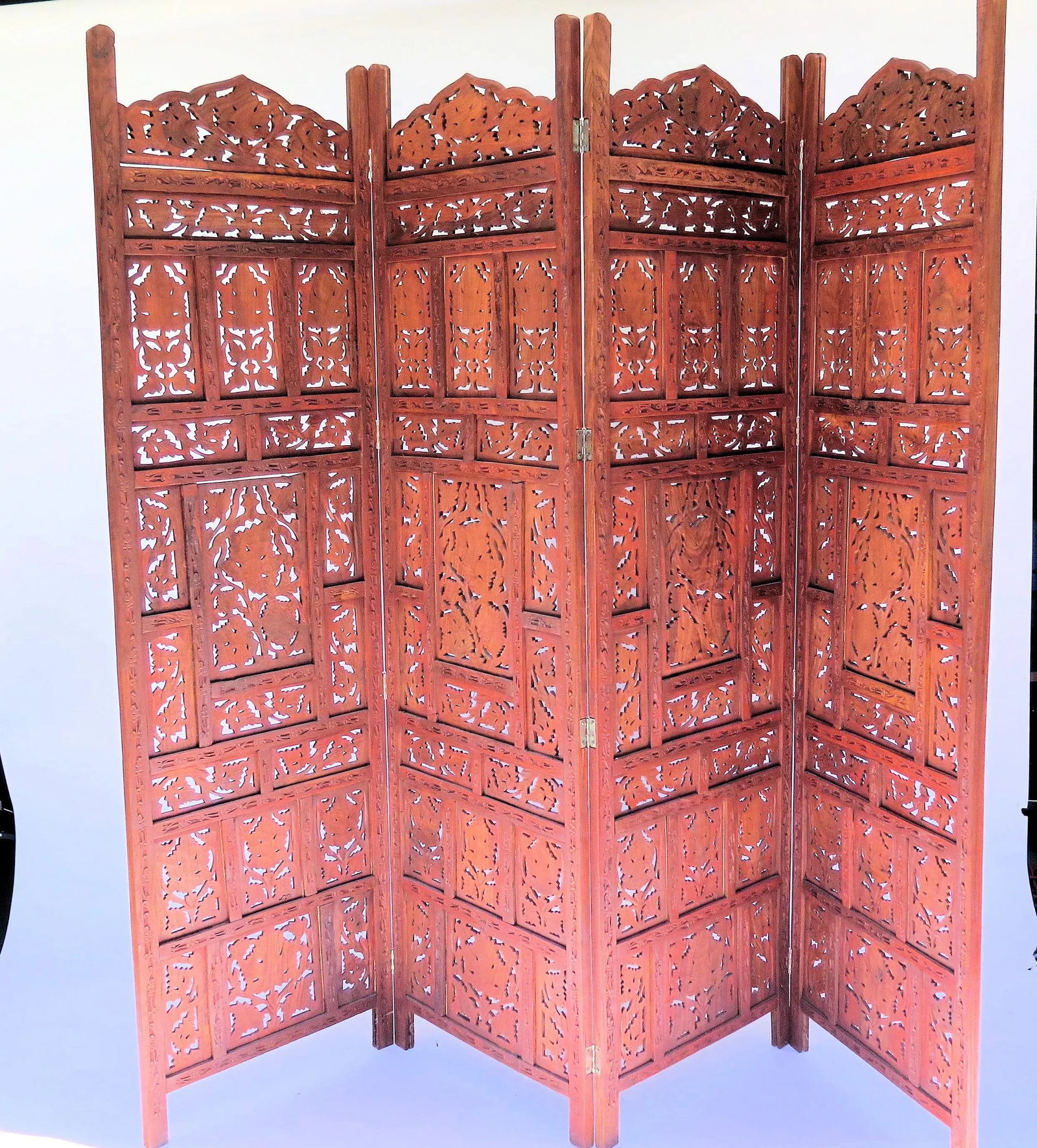 1960s Vintage 4 Panel Indian Teak Wood "Angure Ka Patta" Screen - 8