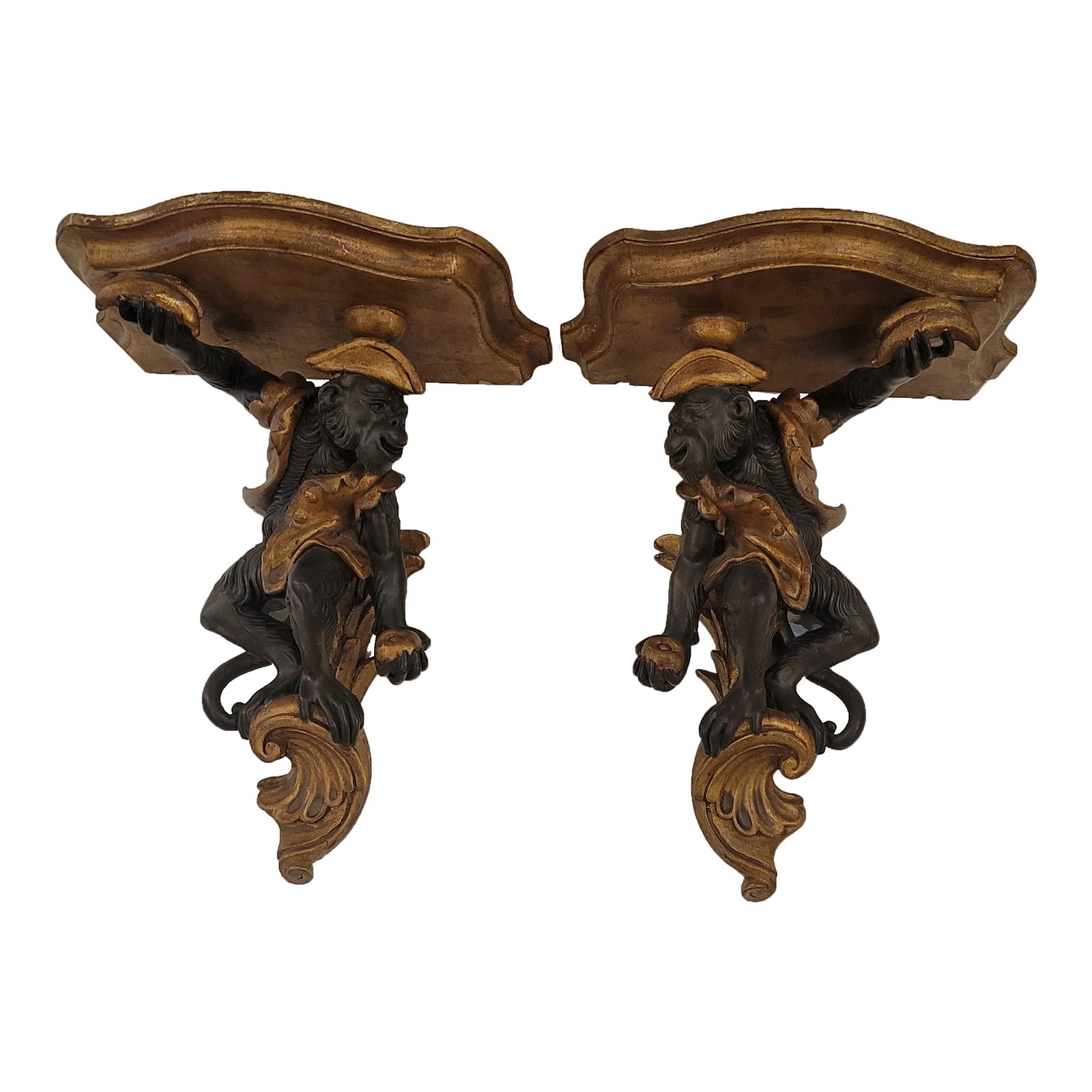 Baroque Pair Maitland Smith Monkey Shelfs With a Banana: Here is a nice pair in great condition wood with old world charm. Condition: Alterations: Original Condition Unaltered Imperfections: Some Imperfections Condition Notes: These are made in Europe by