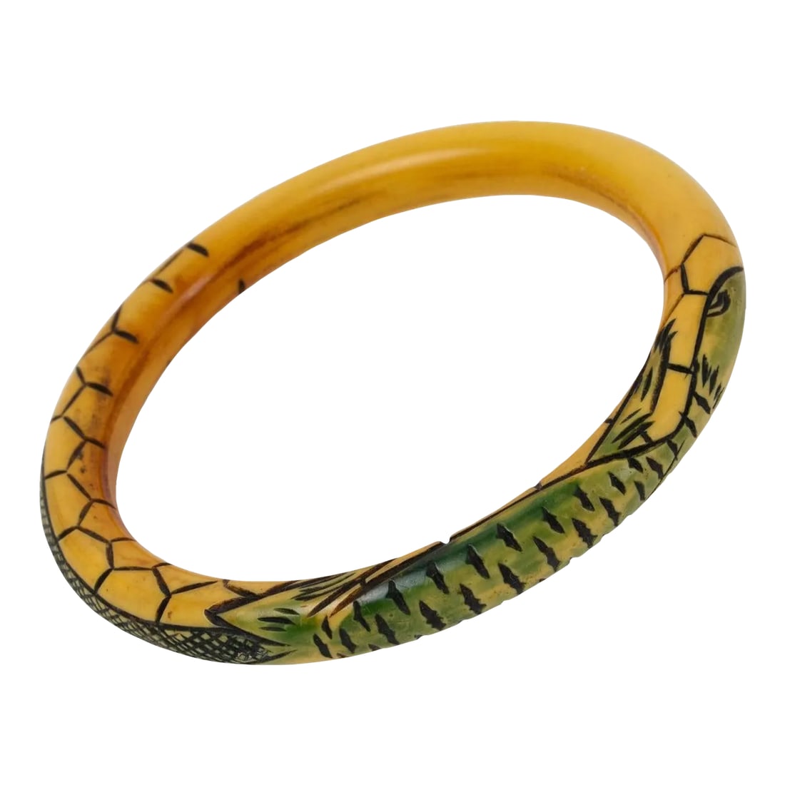 Art Nouveau Celluloid Bracelet Bangle With Lizard Design: A stunning 1910s French Art Nouveau Celluloid bracelet bangle. The piece features a hand-carved lizard design. The bracelet has a nice off-white cream color with black and green contrast in the carved
