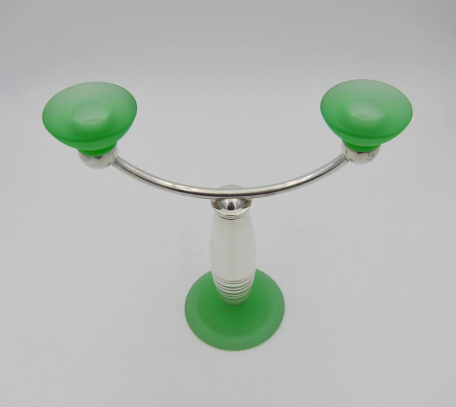 Christofle Alexandrie French Modernist Candelabra in Silverplate and Green Glass - 5