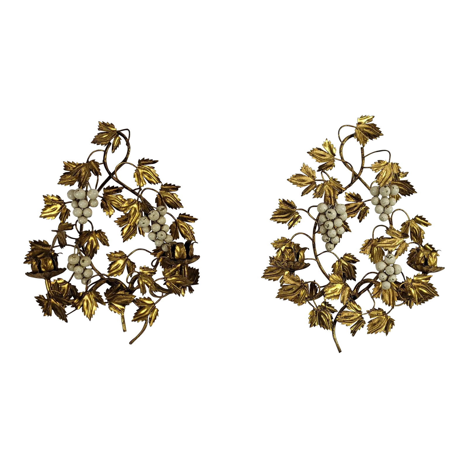 Pair of Vintage Gold Gilt Metal Wall Sconce Candle Holders White Grapes Italian Italy Tole: Pair Vintage Gold Gilt Metal Wall White Grapes sconce candle holders. Made in Italy 16"H x 12"W In good condition with wear, and scratches. Thank you Condition: Alterations: Original Condition Unalte