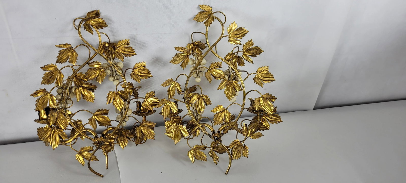 Pair of Vintage Gold Gilt Metal Wall Sconce Candle Holders White Grapes Italian Italy Tole - 2