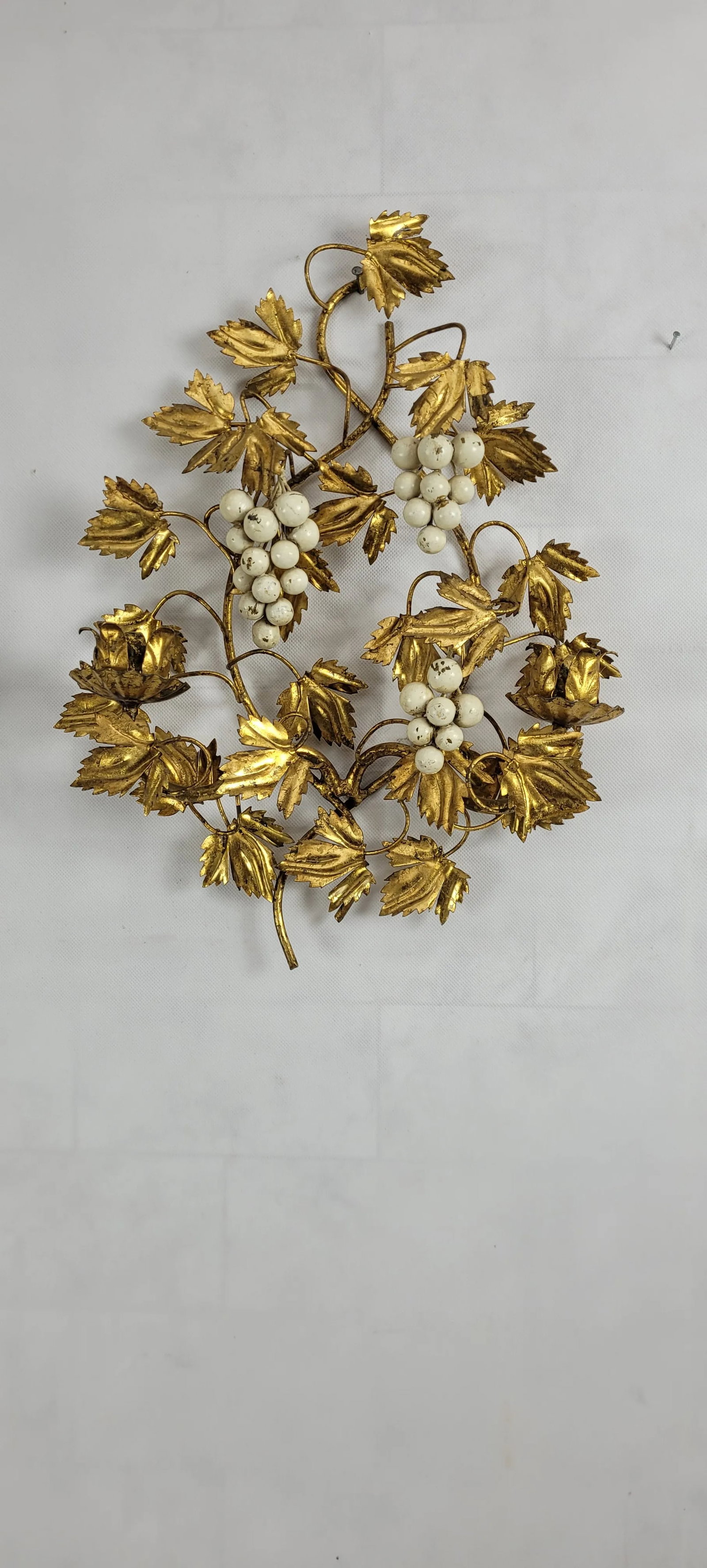 Pair of Vintage Gold Gilt Metal Wall Sconce Candle Holders White Grapes Italian Italy Tole - 5