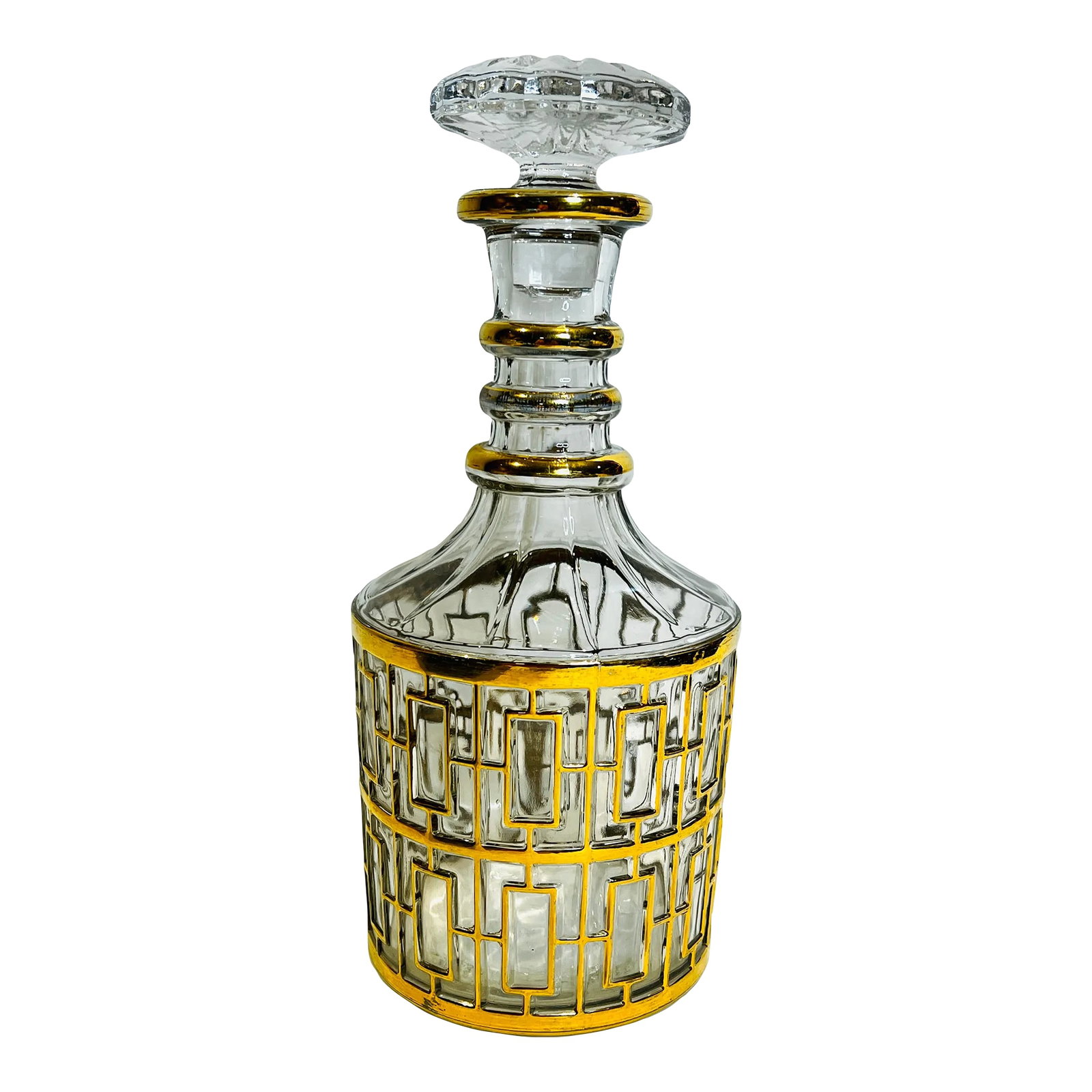 Imperial Glass Shoji Trellis Decanter MCM Barware With Stopper Vintage: Absolutely fabulous mid century vintage glass decanter with 22K gold detailing! Comes with the stopper. Gorgeous addition to your bar. Measurement includes stopper. Condition: Alterations: Original