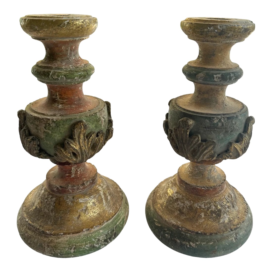 Early 19th Century Italian Carved Wood Candlesticks- a Pair: Perfectly charming Italian Carved Wood Candlesticks Pair. Incredible amount of authentic old world charm and patina. Gold leaf gilding and gesso. Gorgeous pair of candlesticks to add that perfect