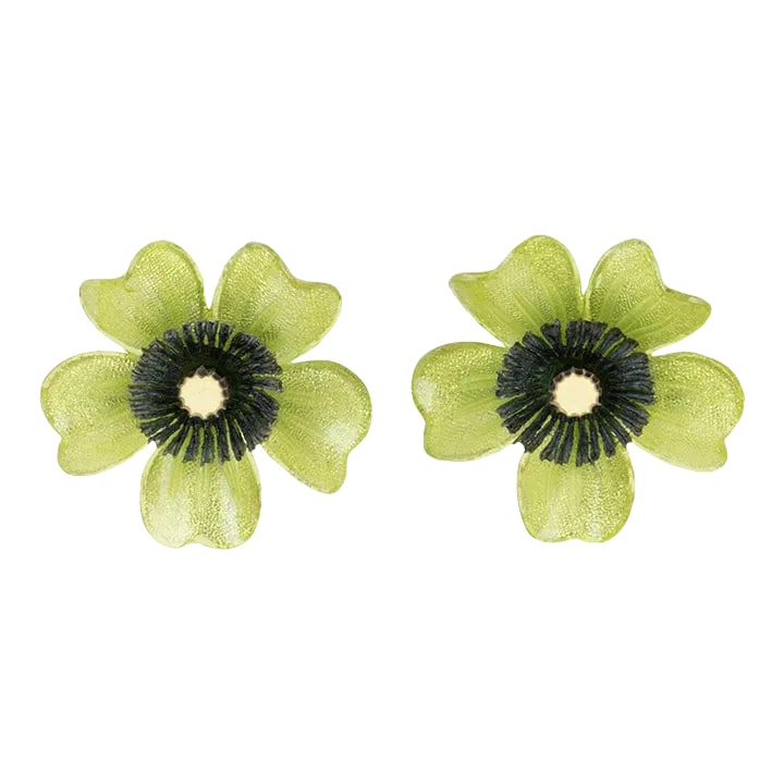 Monique Vedie, Line Vautrin Student Resin Pair of Clip Earrings Pistachio Flower: Lovely Monique Vedie resin or Talosel clip-on earrings. Features a daisy flower shape with a carved dimensional design complimented with a textured pattern in glittering pistachio green and black colo
