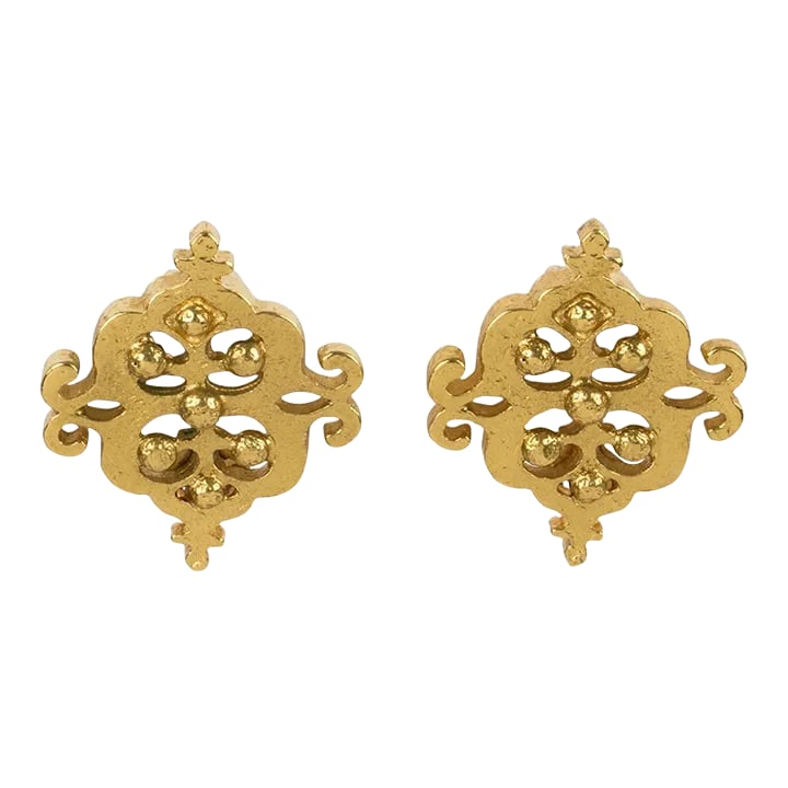 Yves Saint Laurent Paris Gilt Metal Baroque Pair of Clip Earrings: These lovely Yves Saint Laurent Paris stud clip-on earrings feature a square shape with gilded metal, all textured and carved in baroque see-thru design. The earrings are signed at the back with the Y