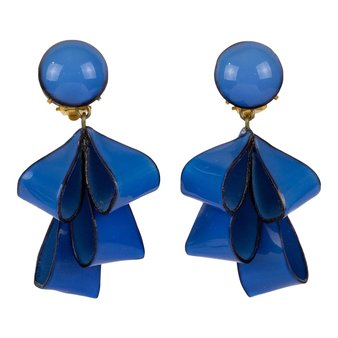 Cilea Paris Dangle Resin Pair of Clip Earrings Cobalt Blue Ribbons: Lovely dimensional dangling clip-on earrings designed by Cilea Paris. These hand-made artisanal resin earrings feature dimensional ribbons with textured patterns built together to form a powerful