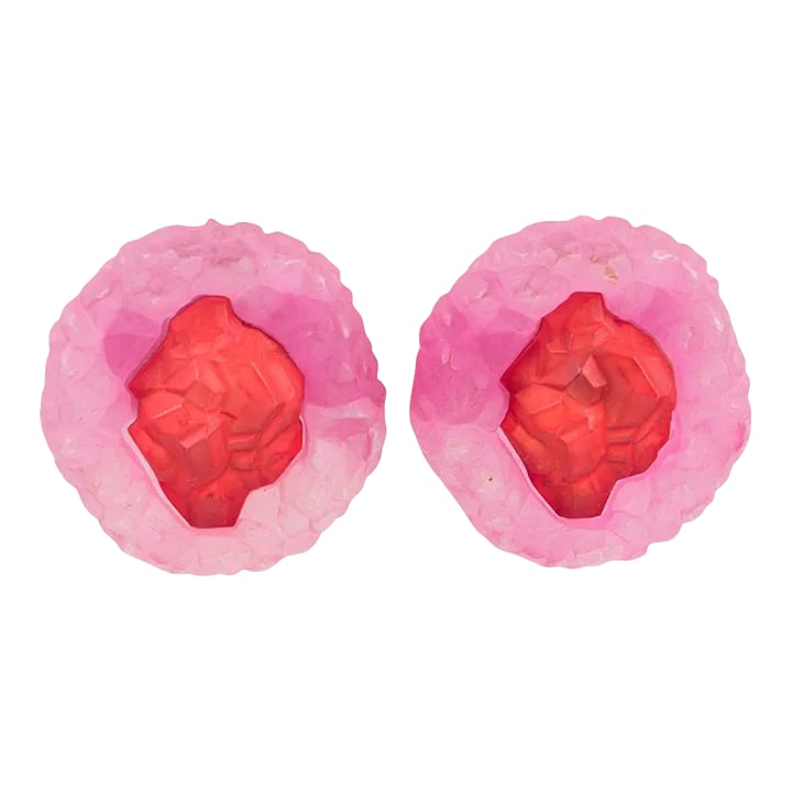 Oversized Pink and Red Rock Lucite Pair of Clip Earrings: Impressive oversized carved Lucite clip earrings from an Italian design studio. Dimensional rounded shape with rock carving in luminous ruby red and bubble gum pink colors in a frosted textured