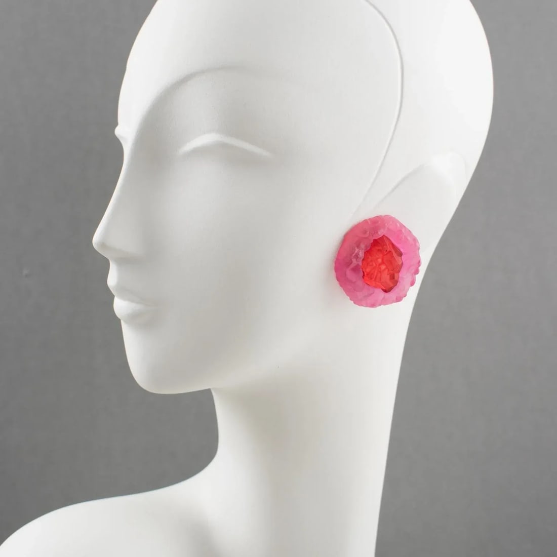 Oversized Pink and Red Rock Lucite Pair of Clip Earrings - 2