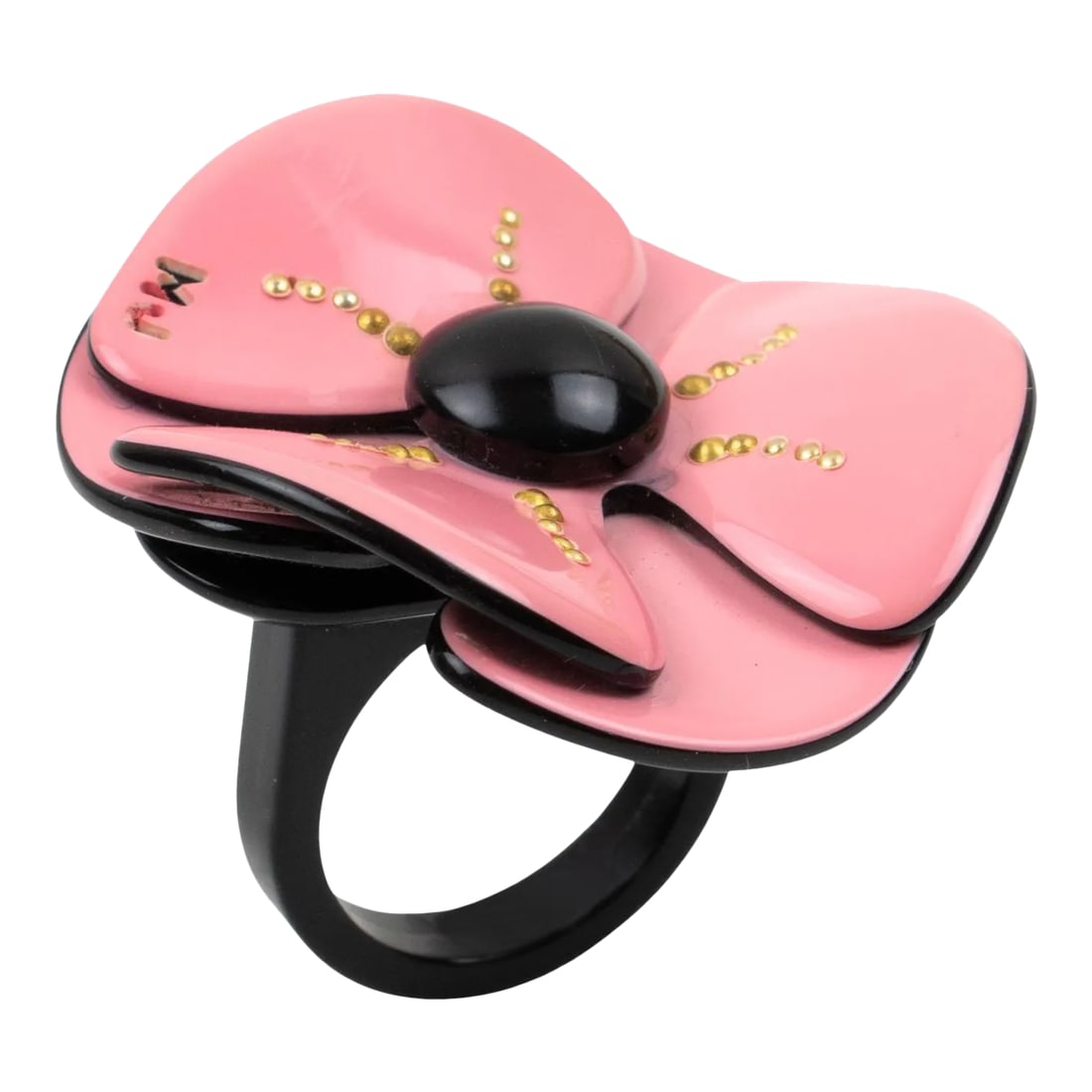 Marc Jacobs Pink and Black Poppy Resin Ring size 5.5: Lovely dimensional ring by Marc Jacobs. Floral-inspired resin lightweight ring featuring a large poppy flower with a black heart and brass stud accents. A very nice assorted palette of powder pink and
