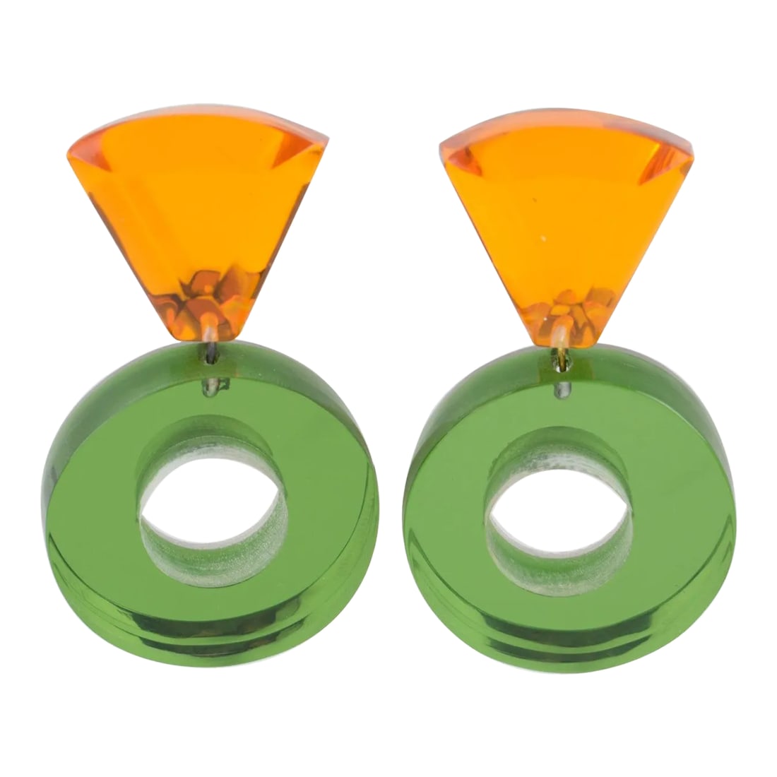 Kaso Lucite Pair of Clip Earrings Dangle Green and Orange Donut: This is part of Chairish's Costume Jewelry assortment. Stylish Lucite clip-on earrings designed by Harriet Bauknight for Kaso. Large donut dangling shape with geometric design. The mirrored textured