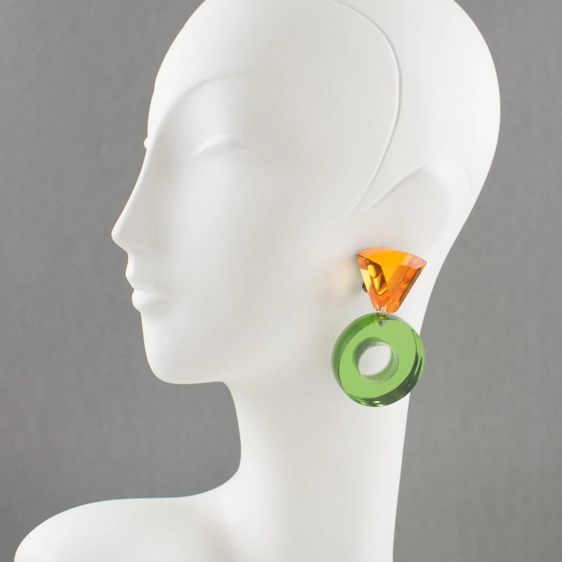 Kaso Lucite Pair of Clip Earrings Dangle Green and Orange Donut - 2