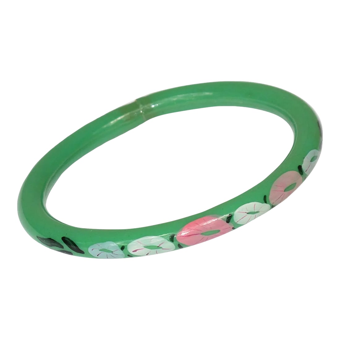 Art Deco Green Celluloid Bracelet Bangle With Floral Design, France: This is a lovely 1920s French Art Deco celluloid bracelet bangle. The piece features a light hollow tube shape with a floral design on one side of the bracelet. The hollow bracelet technique is an anc