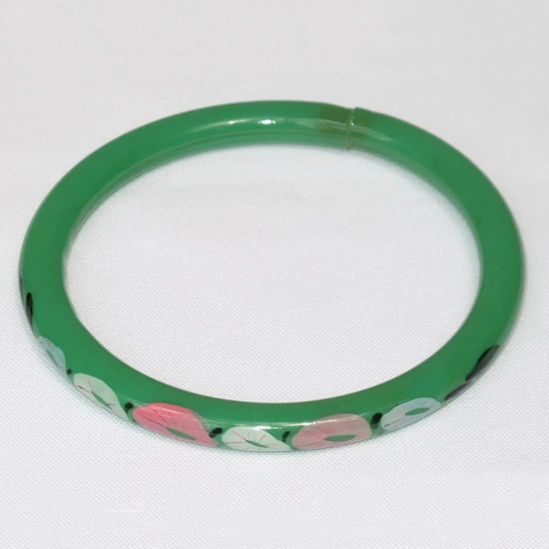 Art Deco Green Celluloid Bracelet Bangle With Floral Design, France - 2