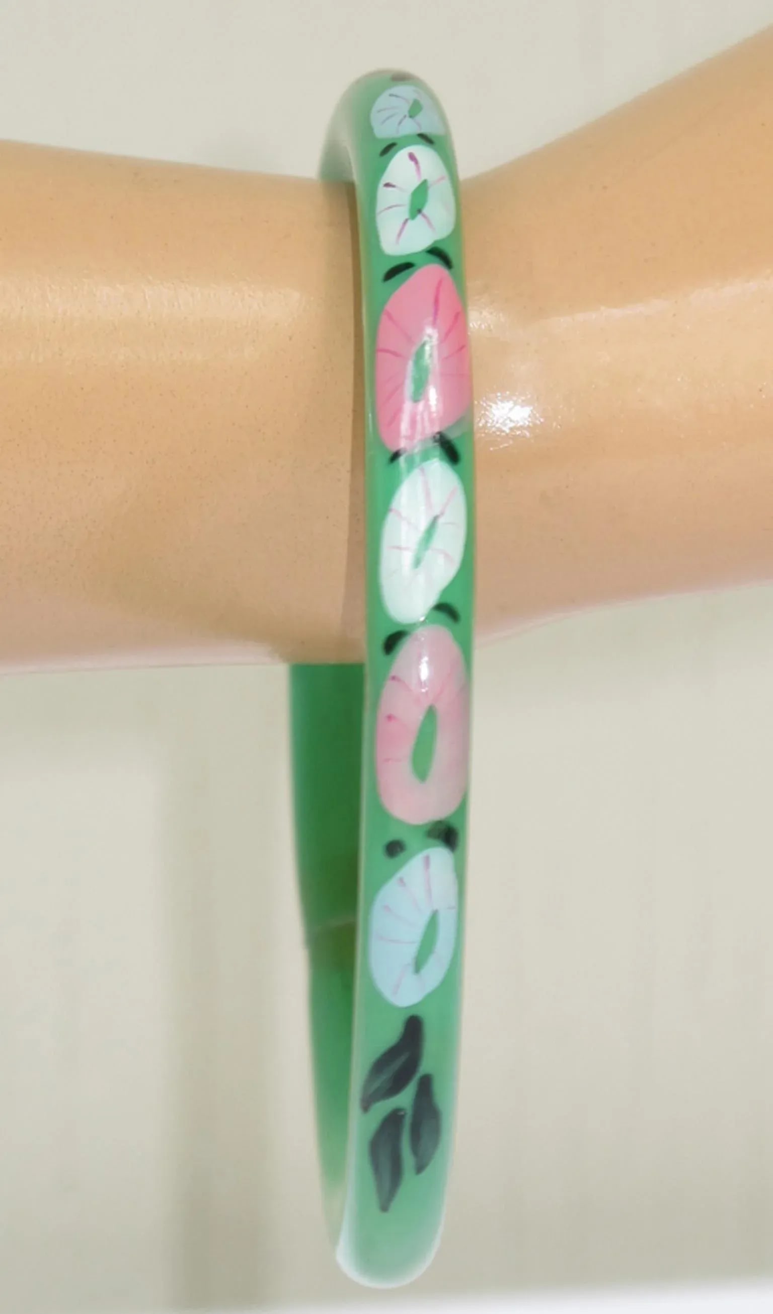 Art Deco Green Celluloid Bracelet Bangle With Floral Design, France - 3