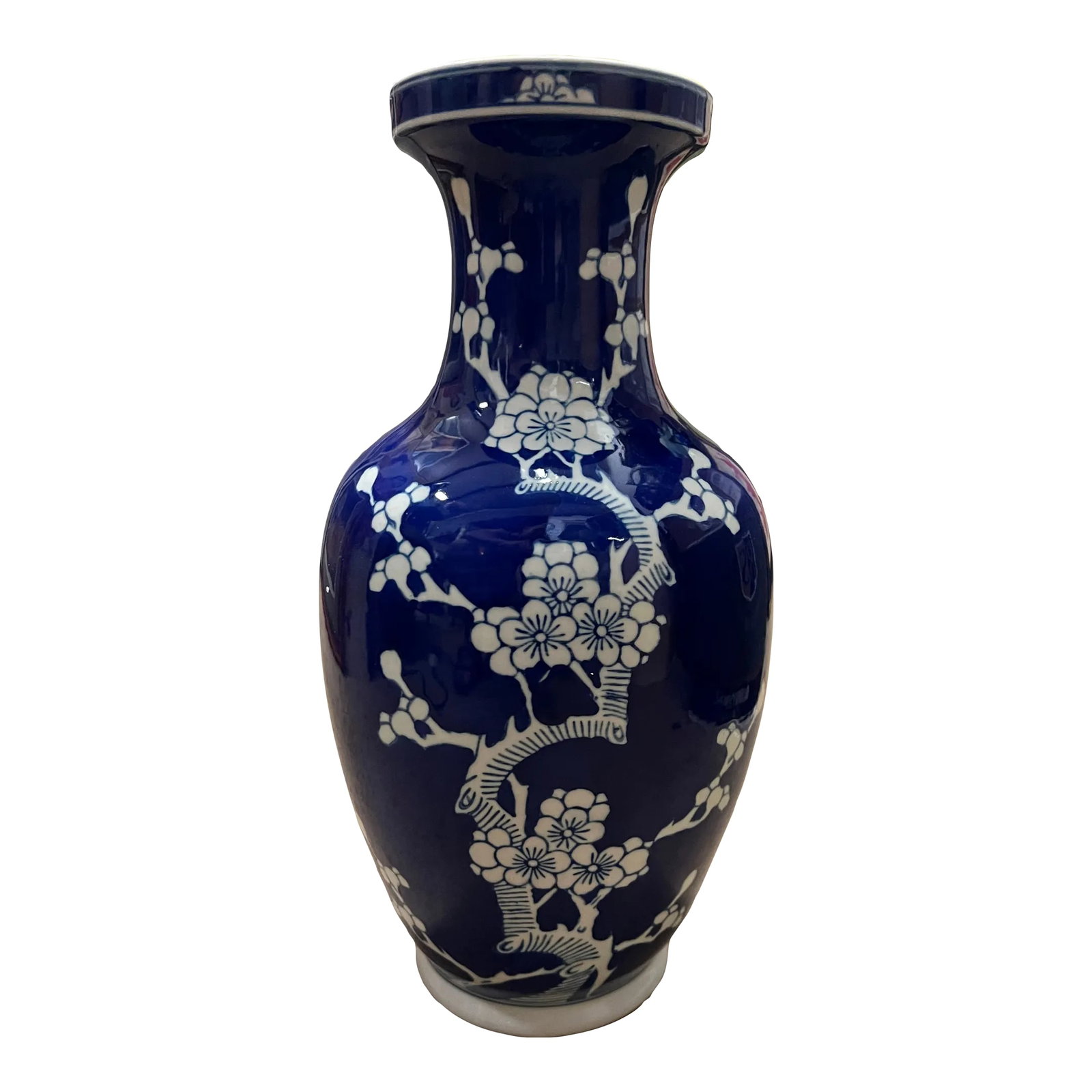 20th Century Blue & White Cherry Blossom Vase: Beautiful Vintage Vase which was hand-painted in China in the 80s. Although the style is classic the motif and execution are surprisingly modern. The detail and quality of work is incredible. Blue