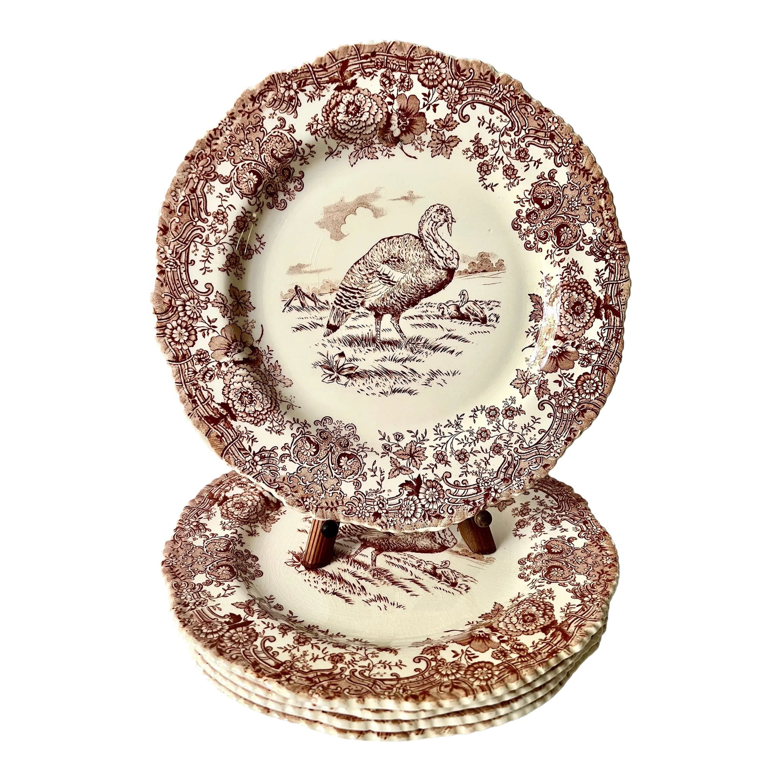 Set of 5 Antique William Ridgway Red Transferware Turkey Plates - Grandmillennial Staffordshire (1 of 11)