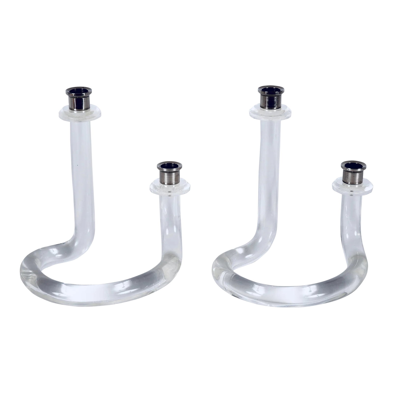 Lucite and Steel Pretzel Candle Holders in the Style of Dorothy Thorpe -Set of 2: These eye-catching sculptural candlesticks are crafted from beautiful Lucite and twisted for a structural display piece that is sure to make a statement. A stainless-steel finish collar at the end