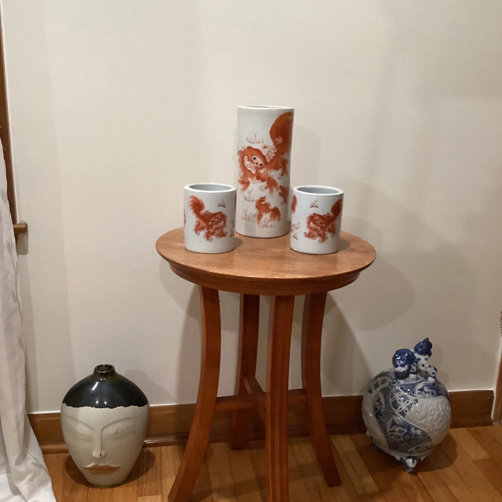 Vintage Trio Chinoiseries Ceramic Vases White Base Orange Foo Dog - 10