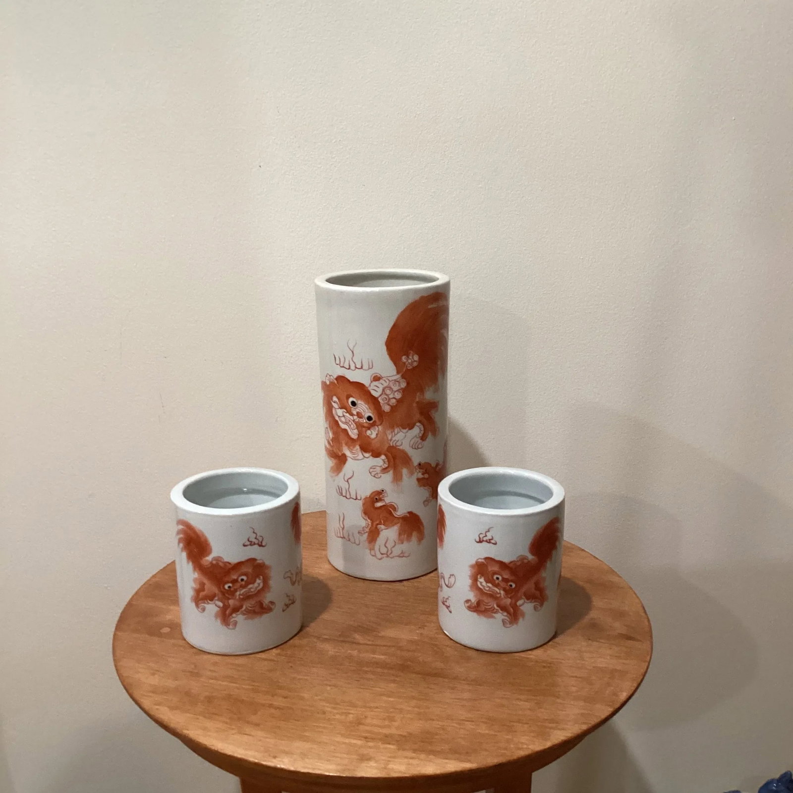 Vintage Trio Chinoiseries Ceramic Vases White Base Orange Foo Dog - 11