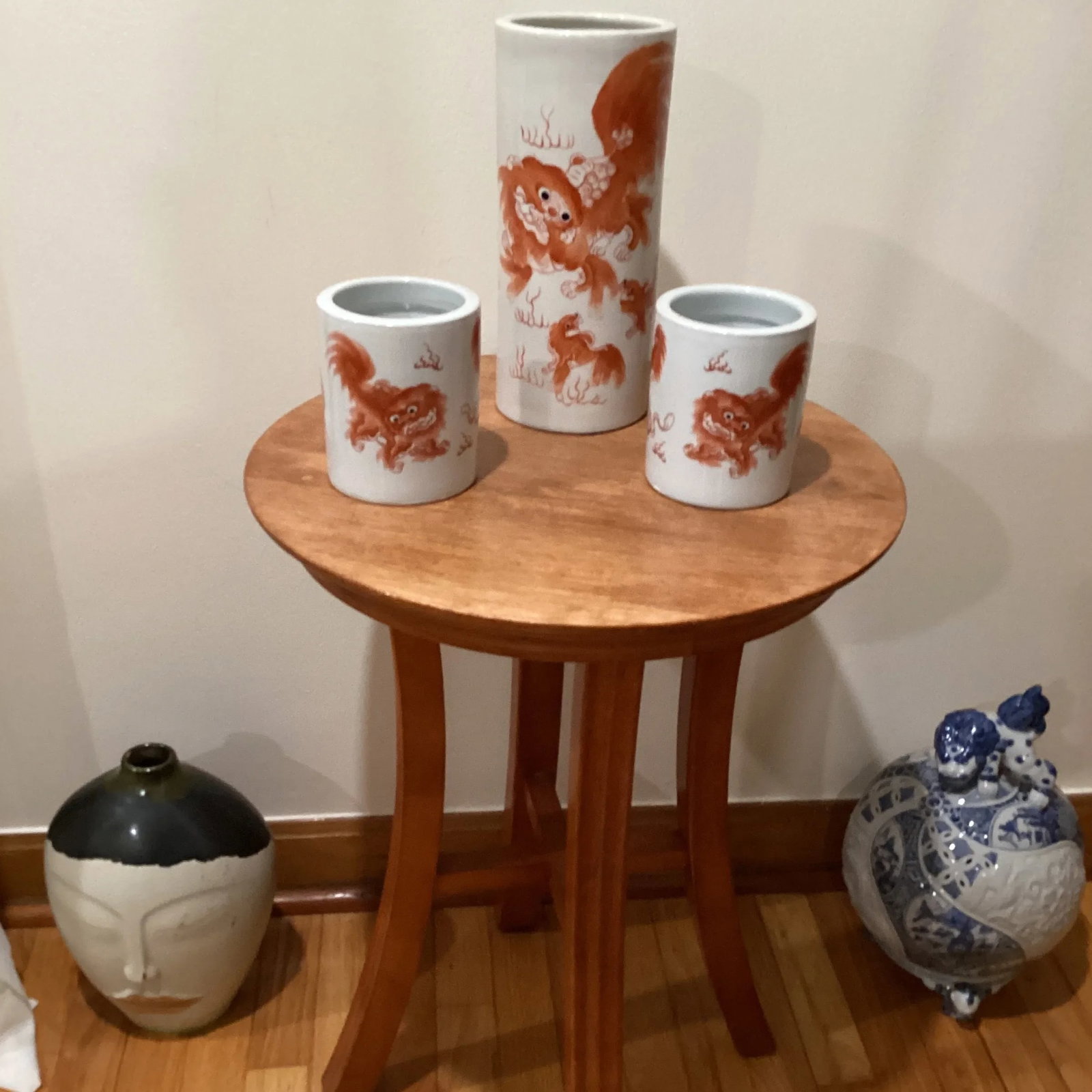 Vintage Trio Chinoiseries Ceramic Vases White Base Orange Foo Dog - 12