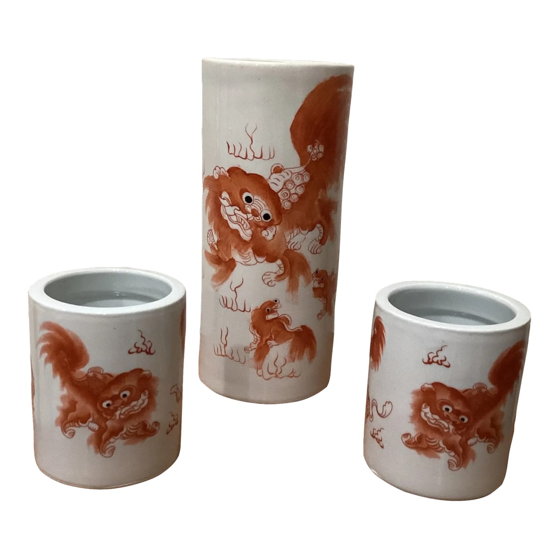 Vintage Trio Chinoiseries Ceramic Vases White Base Orange Foo Dog: This is a Trio of Chinese decorative ceramic pottery vases handmade with oriental artistic orange color foo dog on the off-white base color. Perfect for display Condition: Alterations: Original
